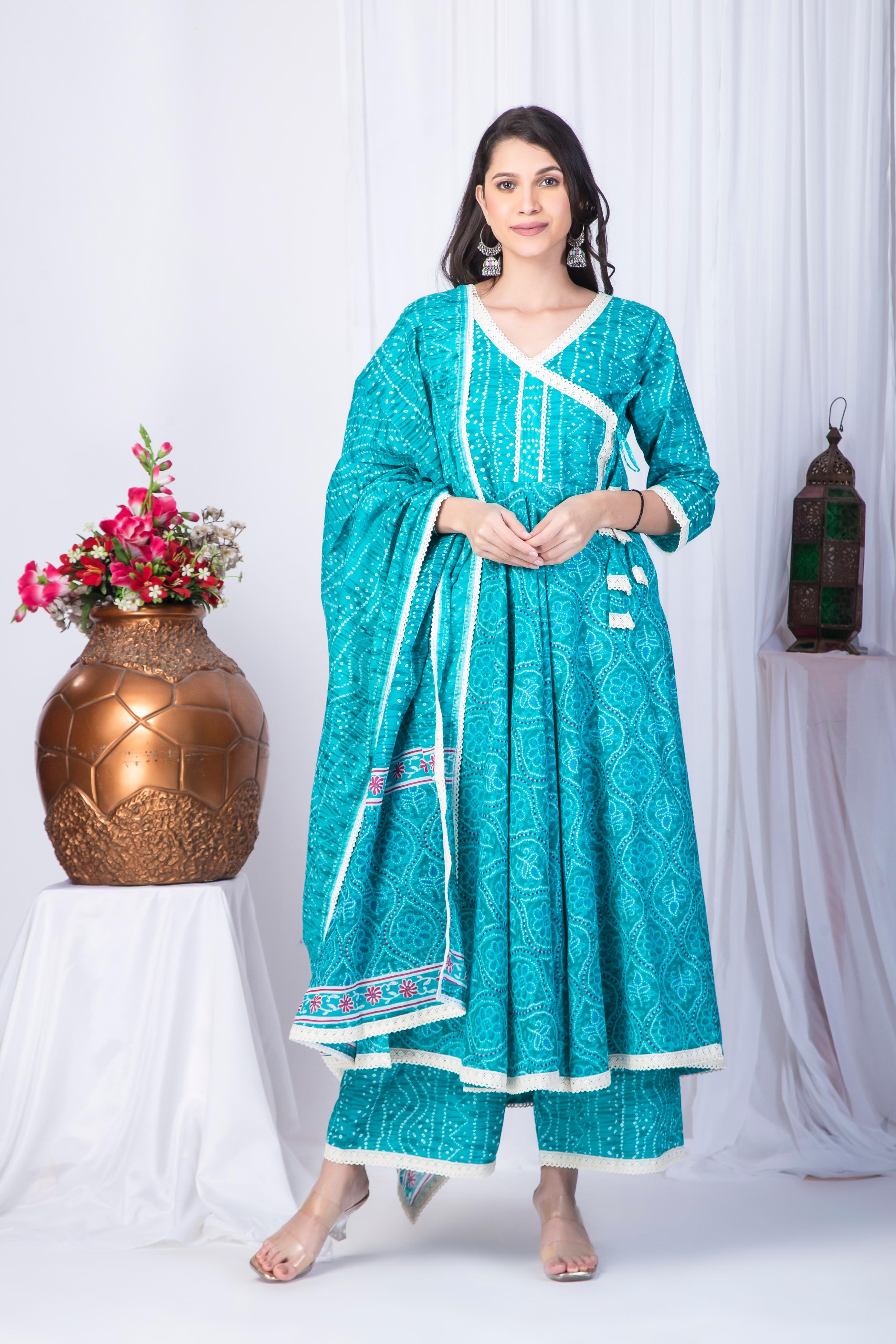 Teal Blue Cotton Anarkali suit set with lace detail