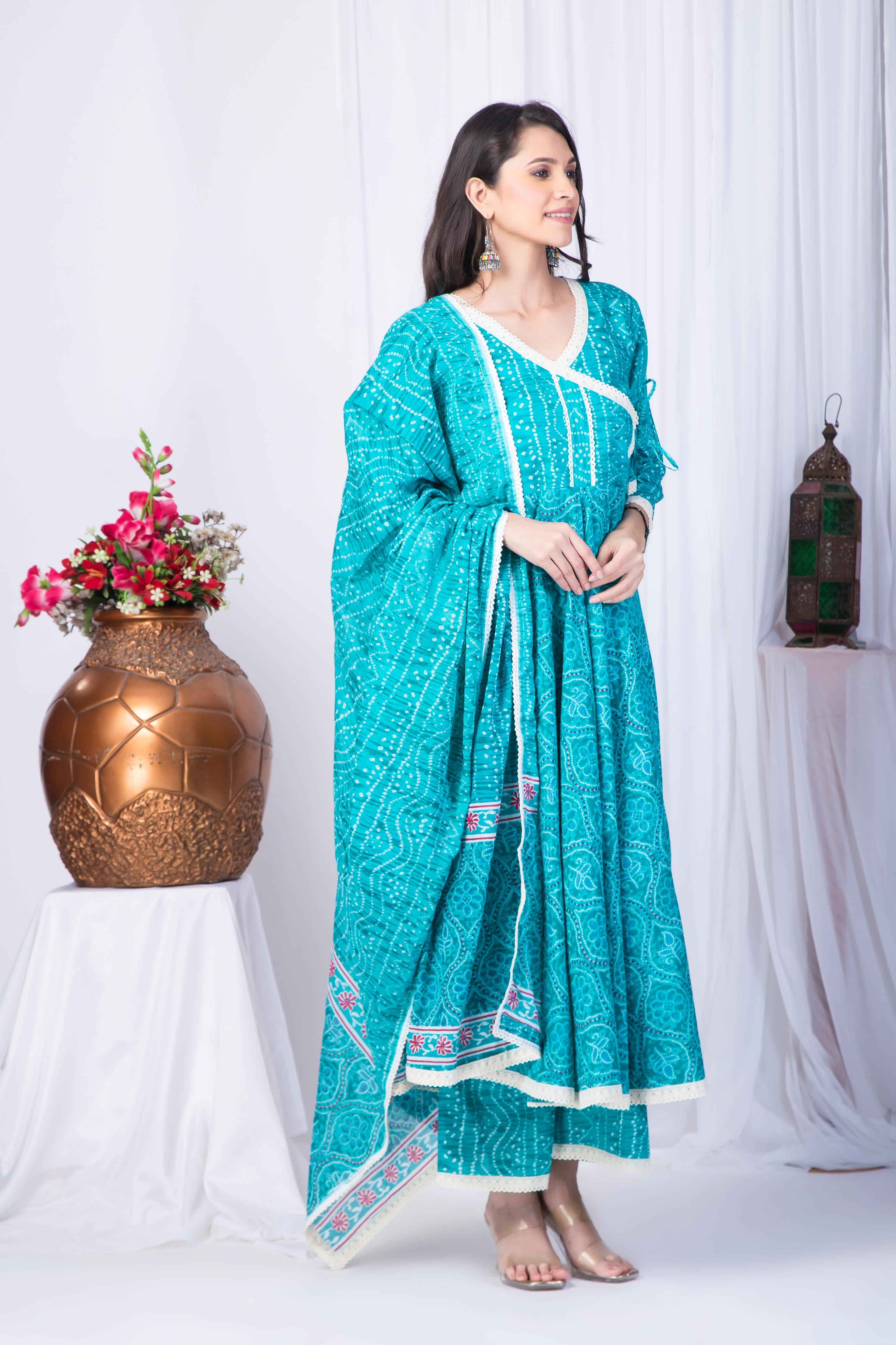 Teal Blue Cotton Anarkali suit set with lace detail
