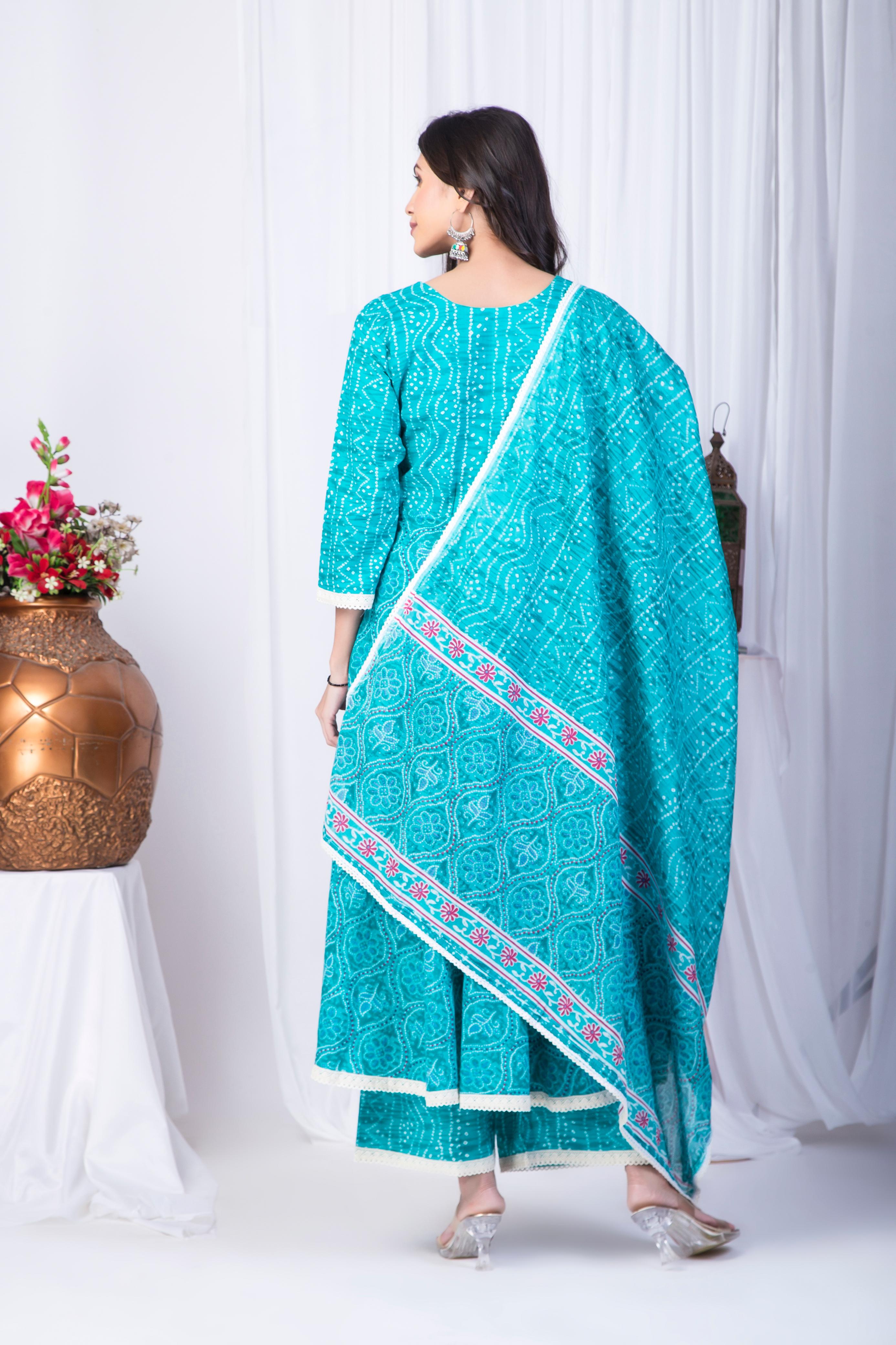 Teal Blue Cotton Anarkali suit set with lace detail