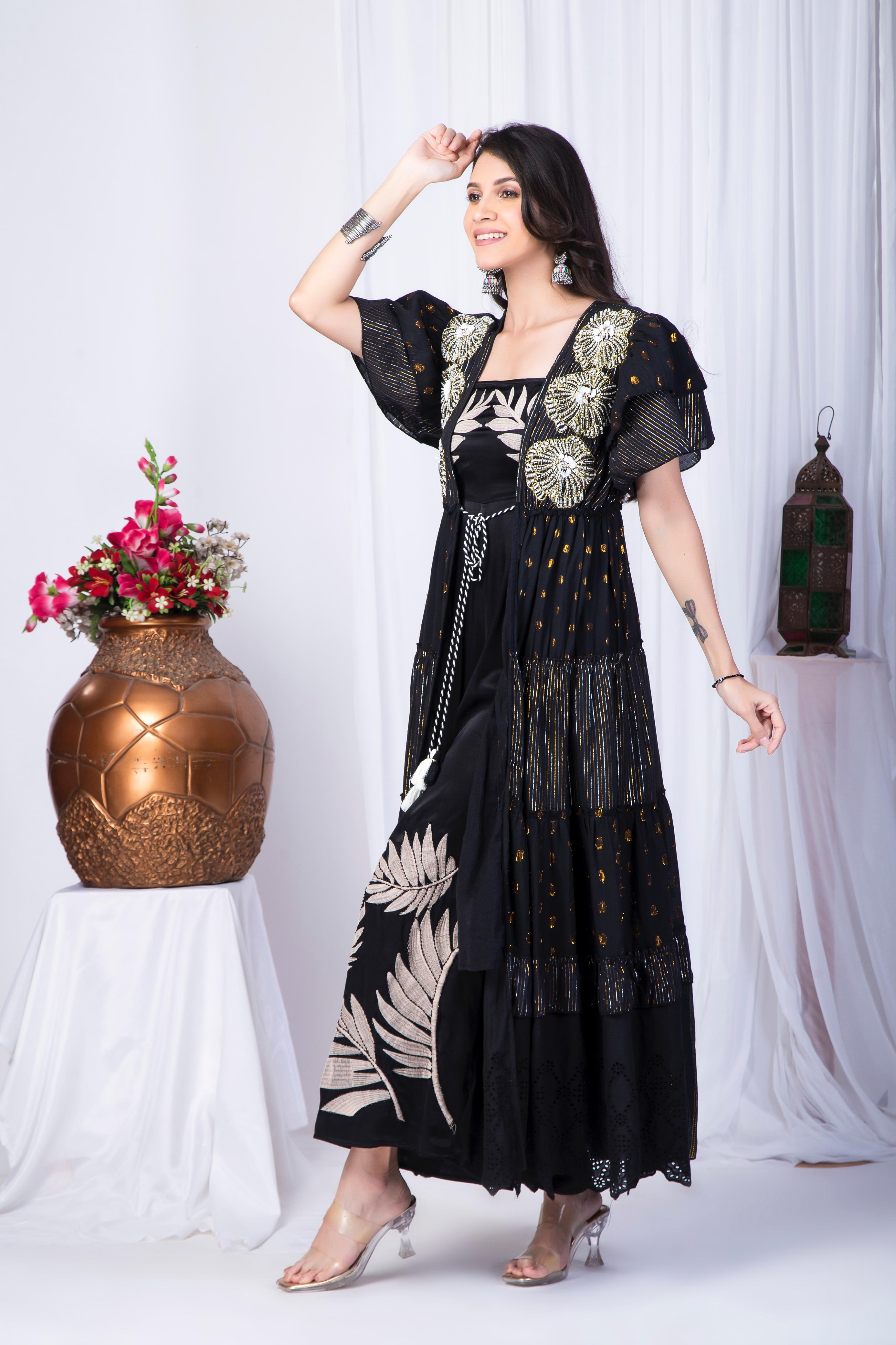 Black embroidered Cotton Jumpsuit with Jacket