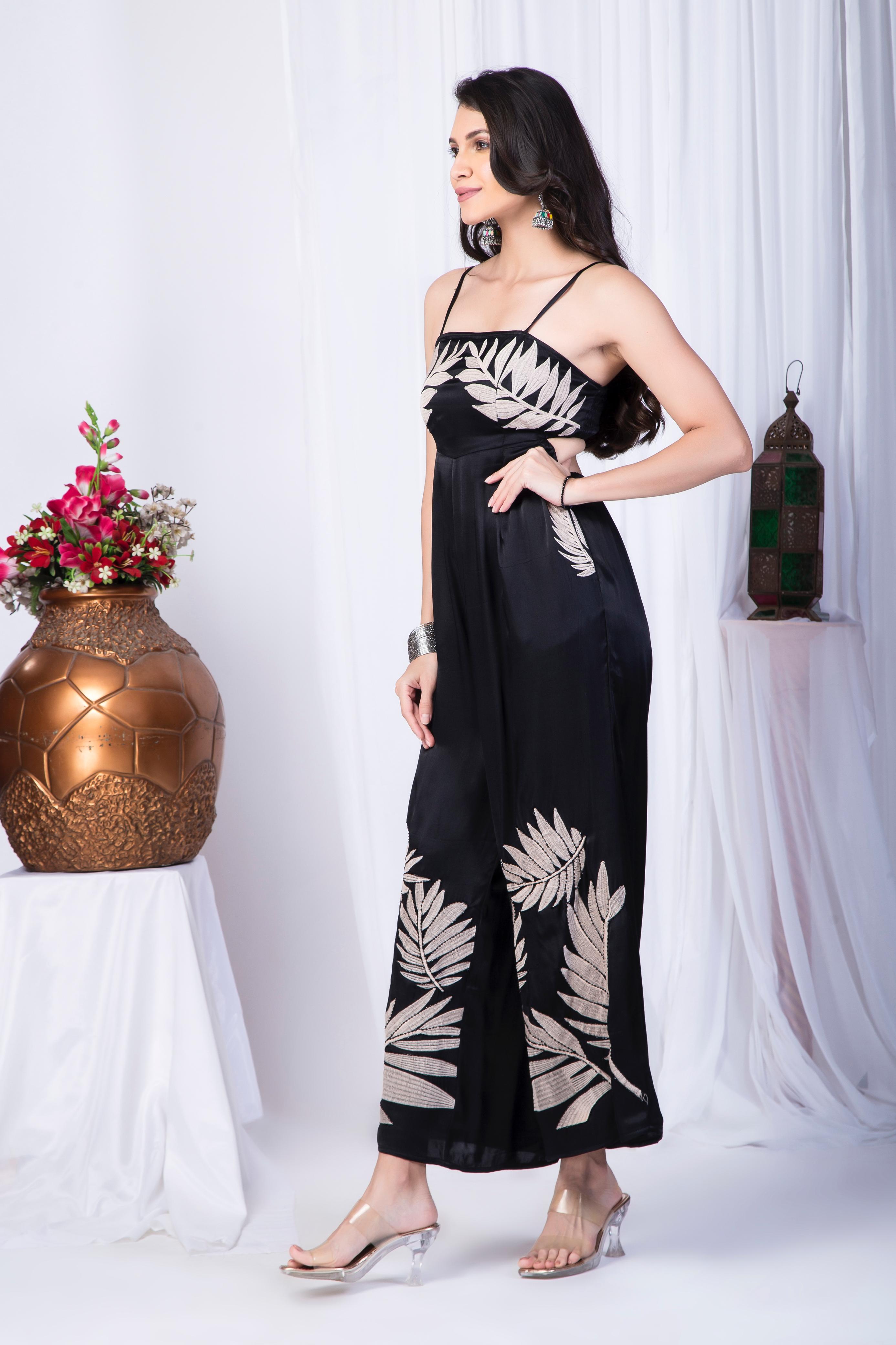 Black Cotton embroidered Jumpsuit