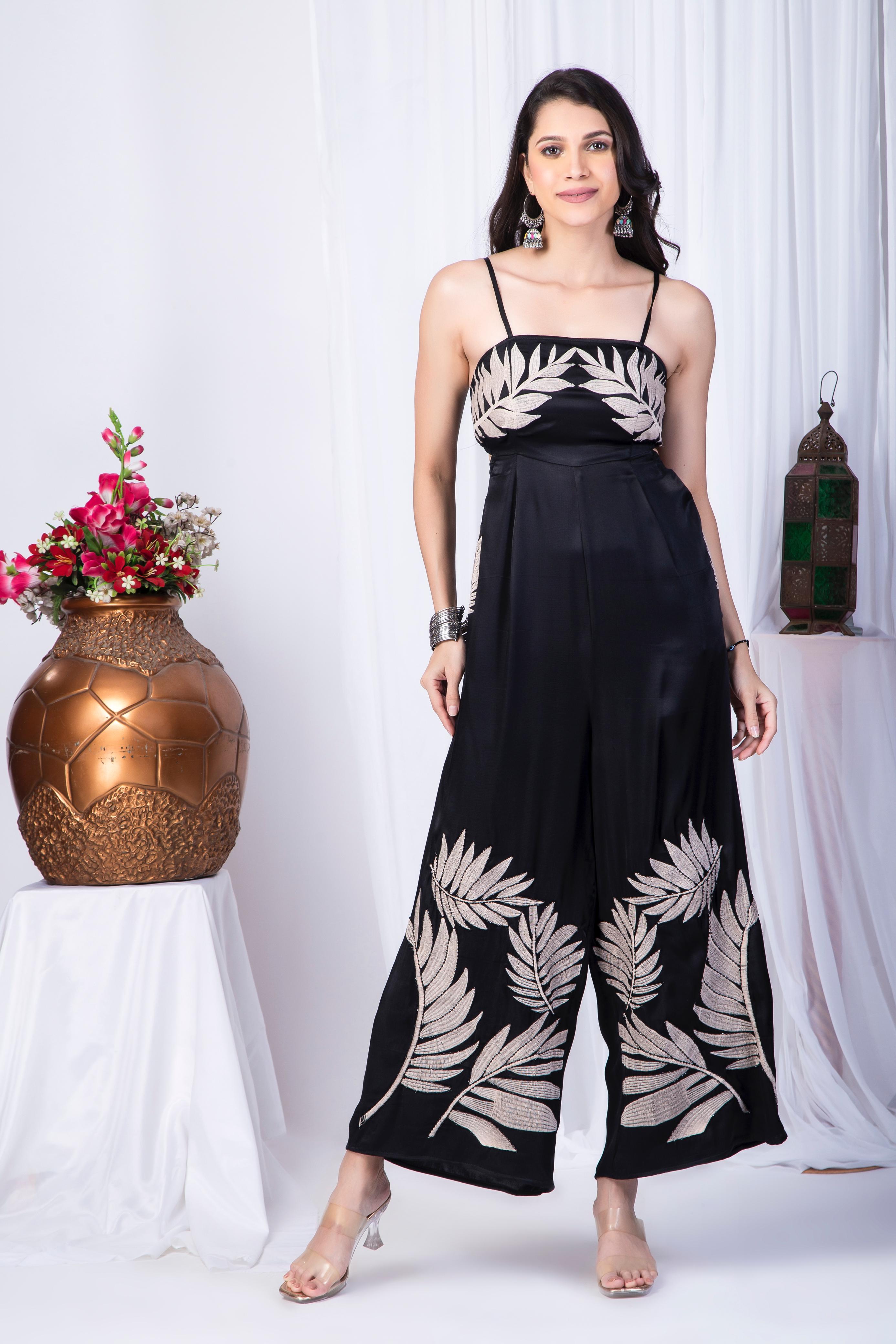 Black Cotton embroidered Jumpsuit
