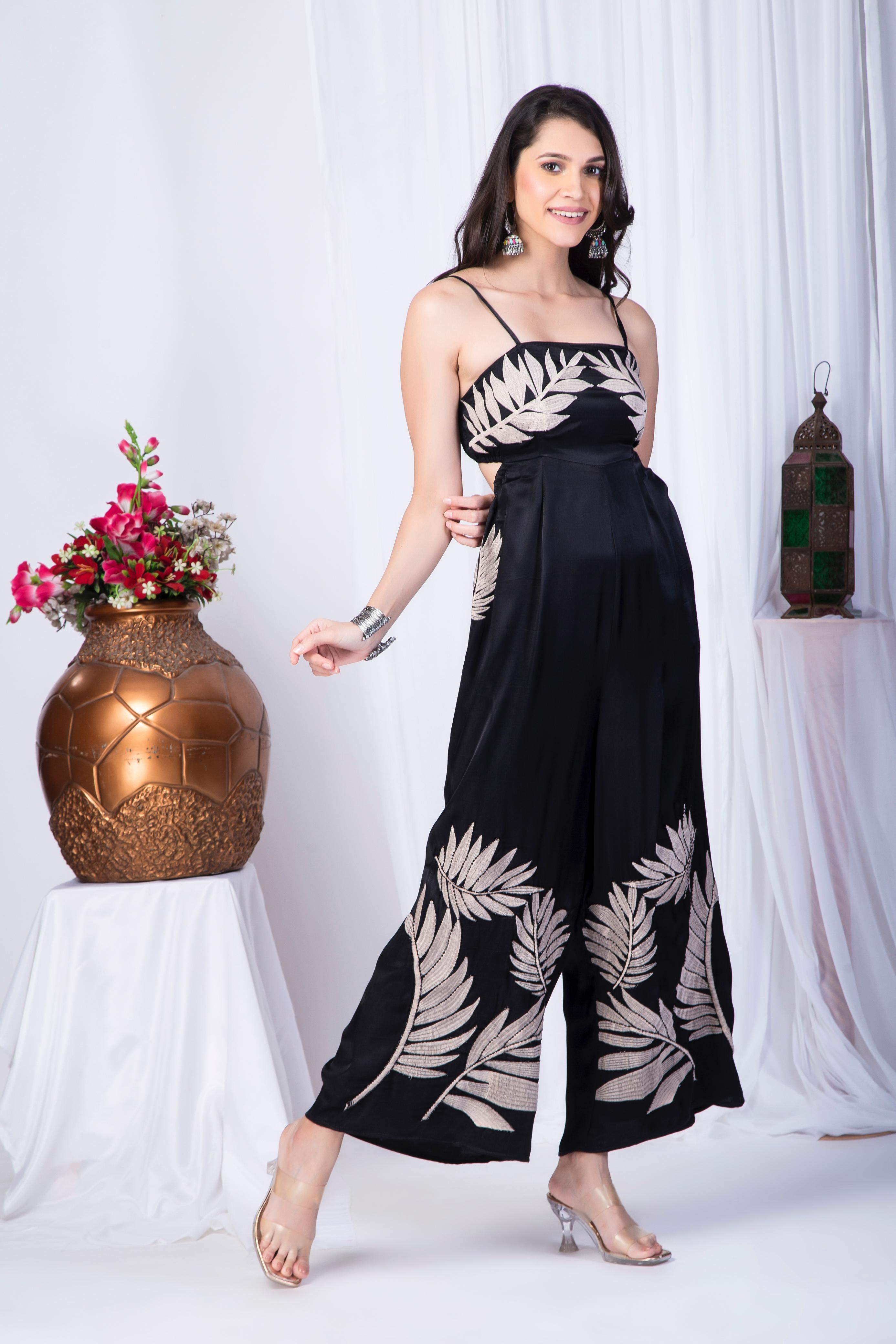 Black Cotton embroidered Jumpsuit
