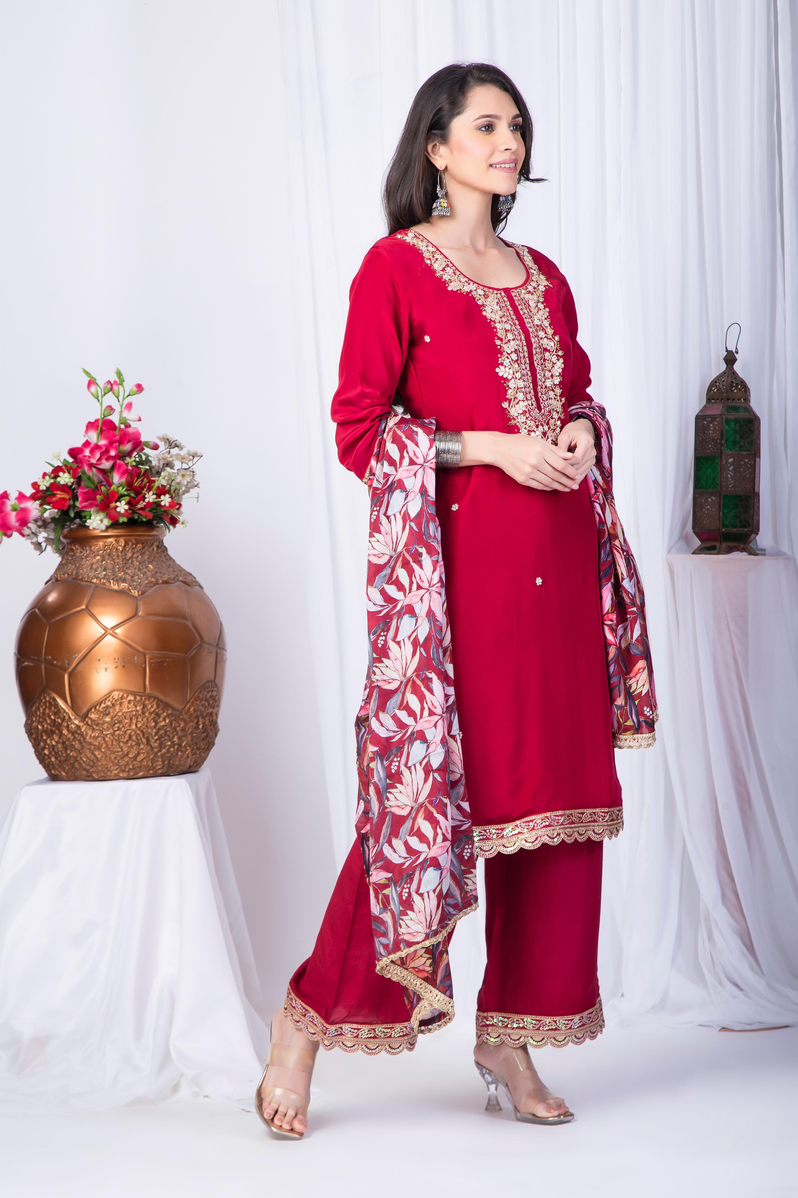 Red Pure Crepe Silk suit with Zardosi work neckline