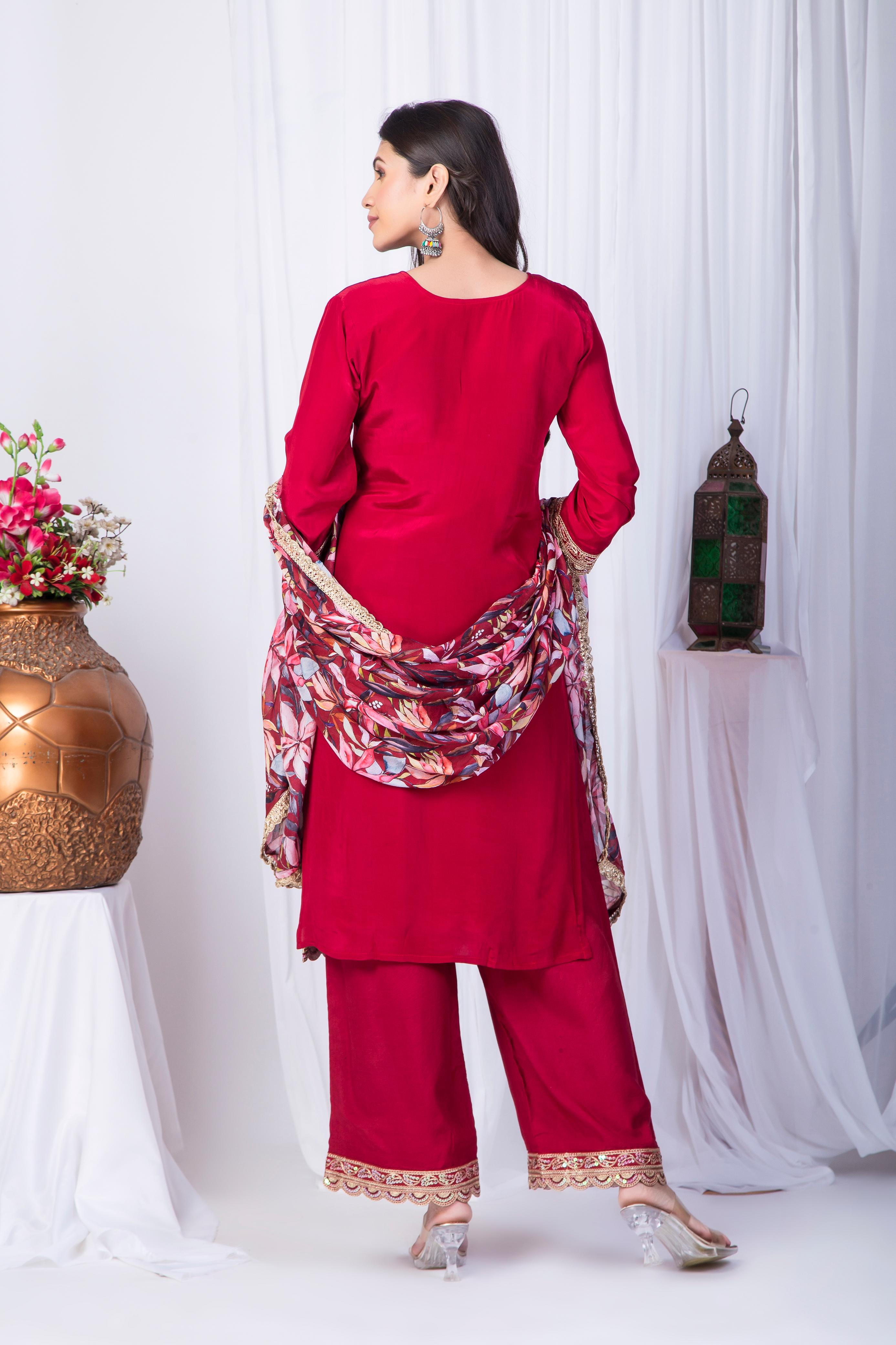 Red Pure Crepe Silk suit with Zardosi work neckline