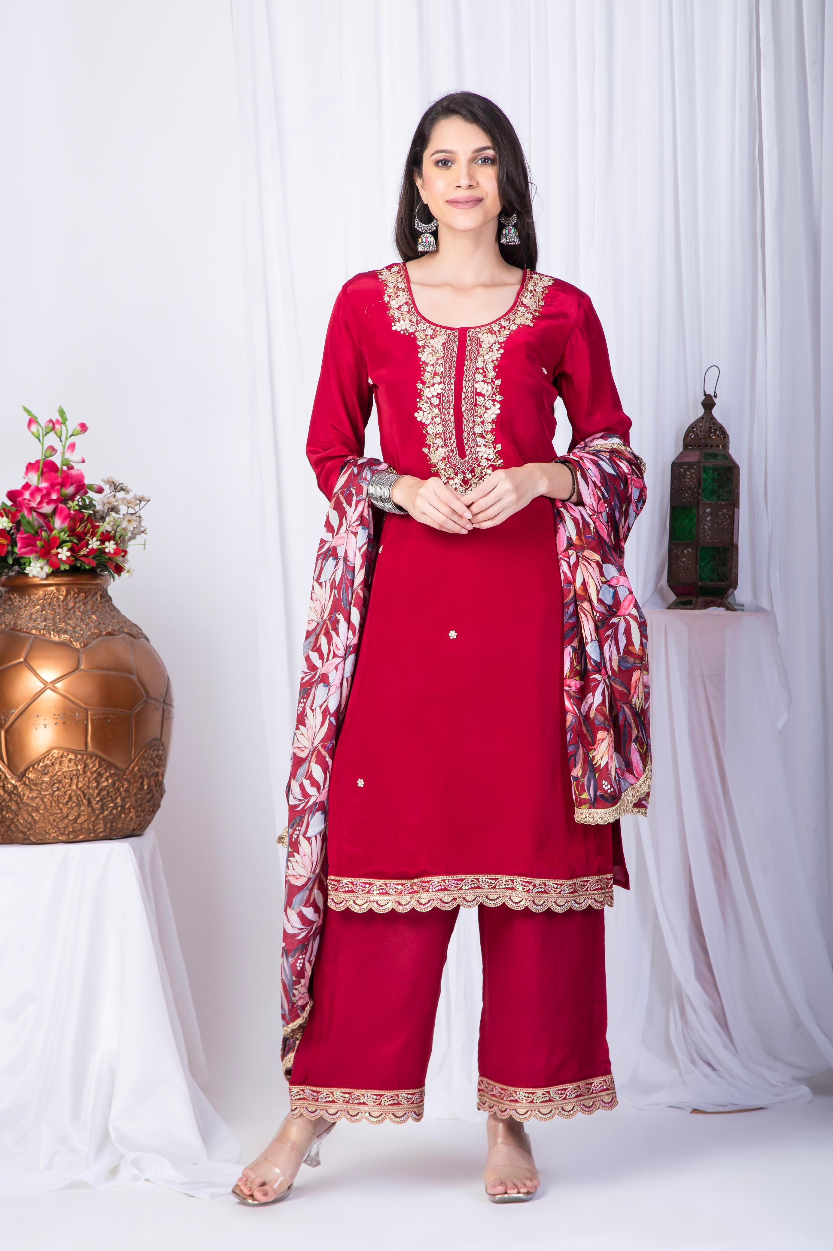 Red Pure Crepe Silk suit with Zardosi work neckline