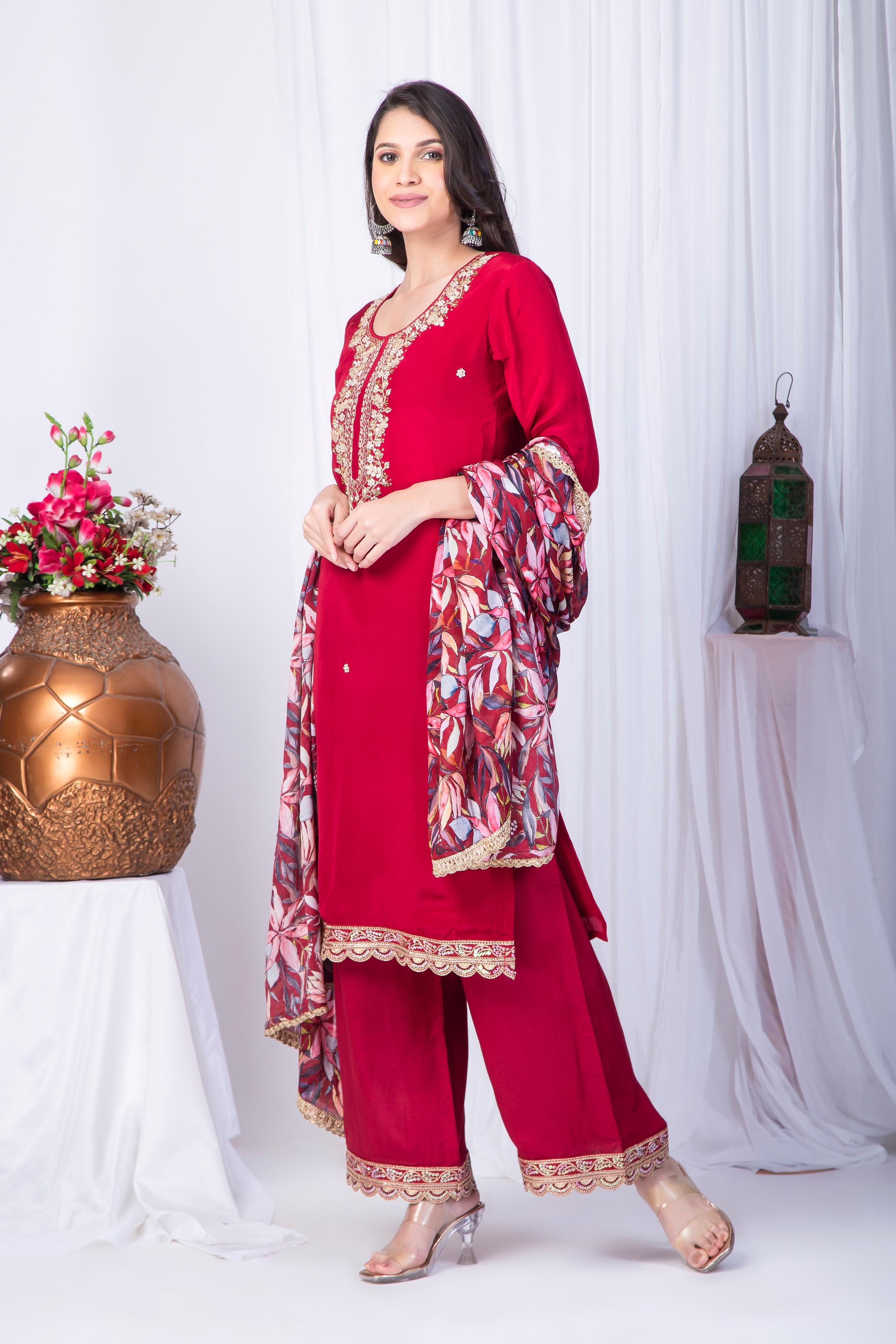 Red Pure Crepe Silk suit with Zardosi work neckline