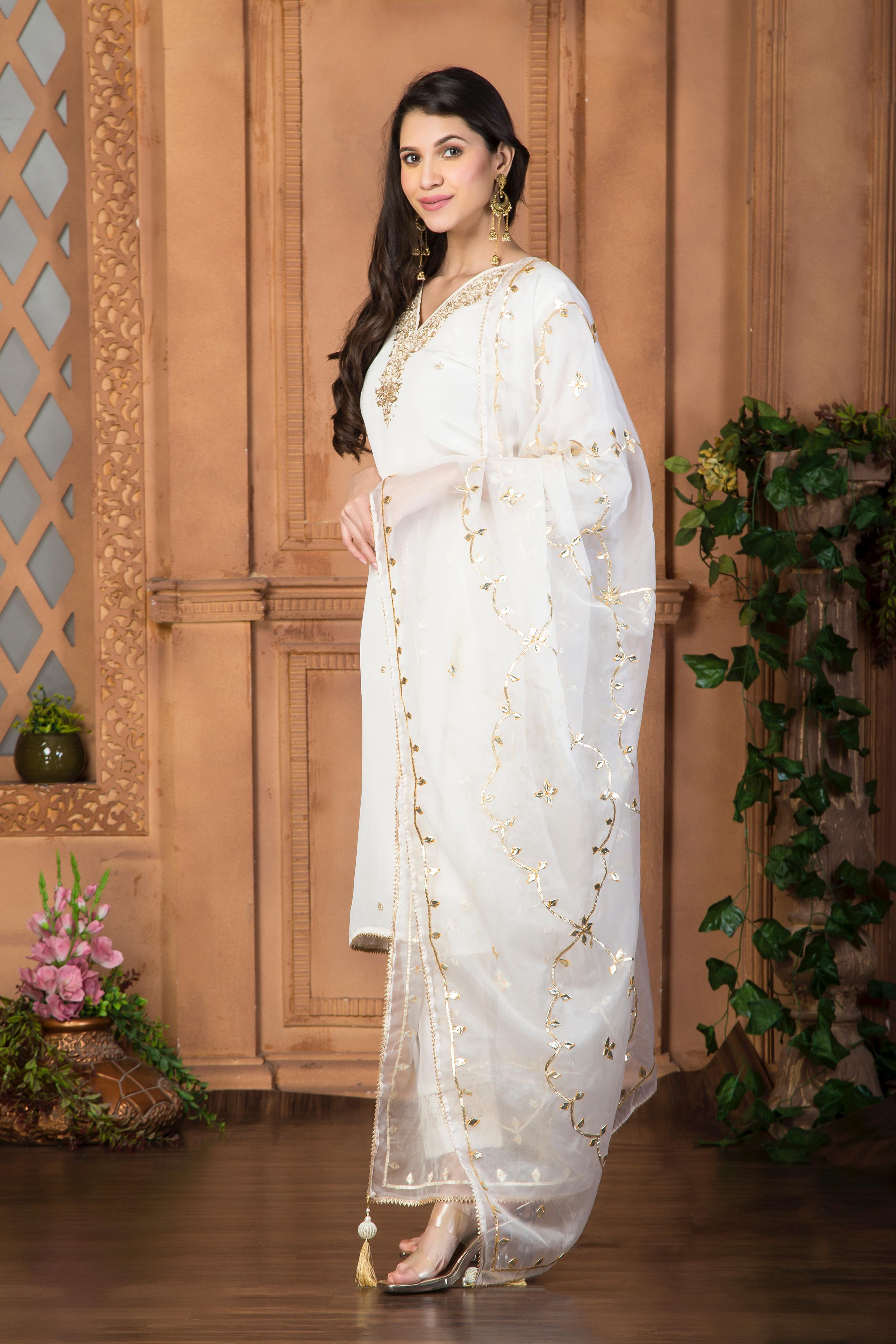 White Crepe silk suit set with digital printed Dupatta