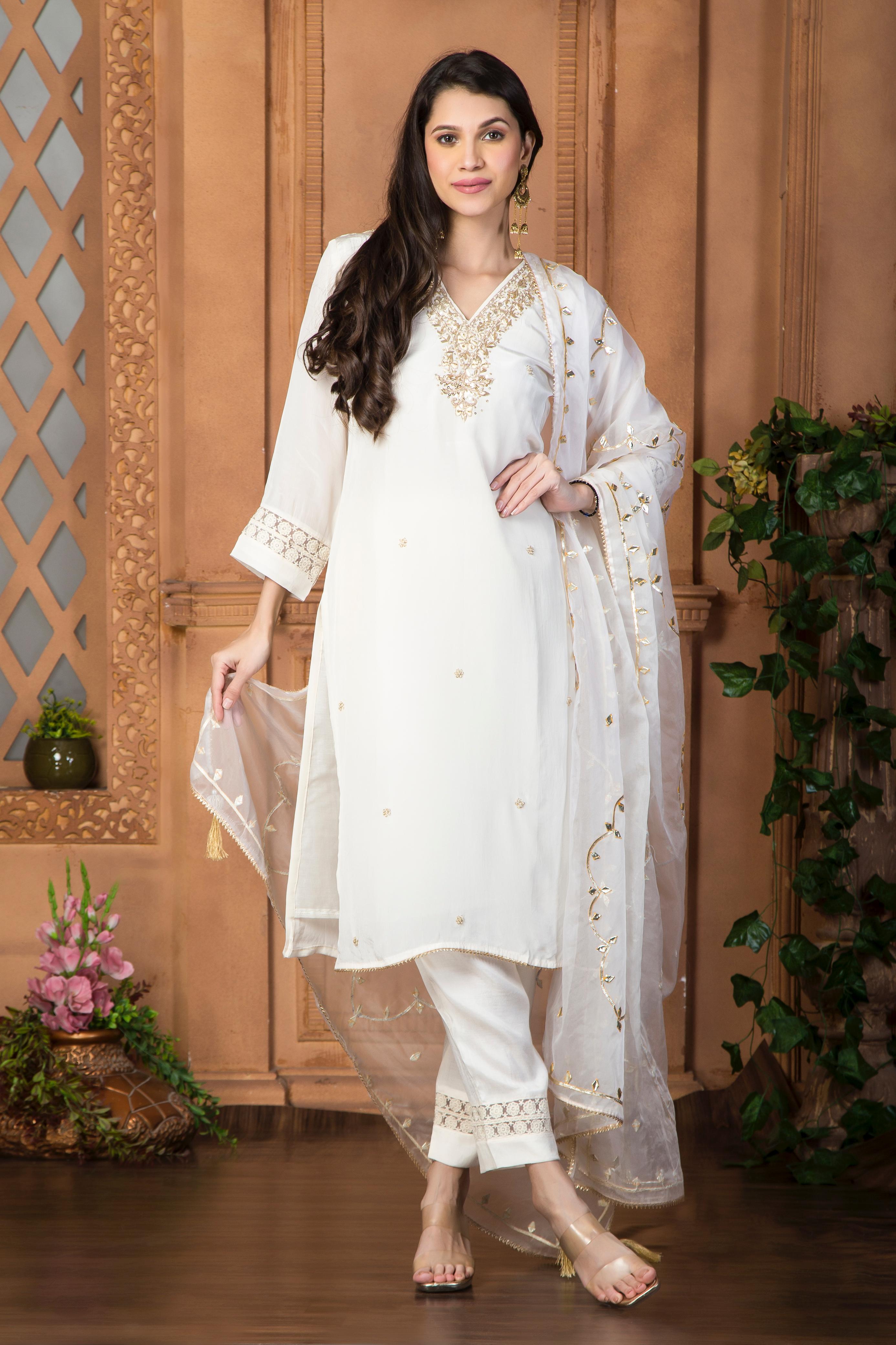 White Crepe silk suit set with digital printed Dupatta