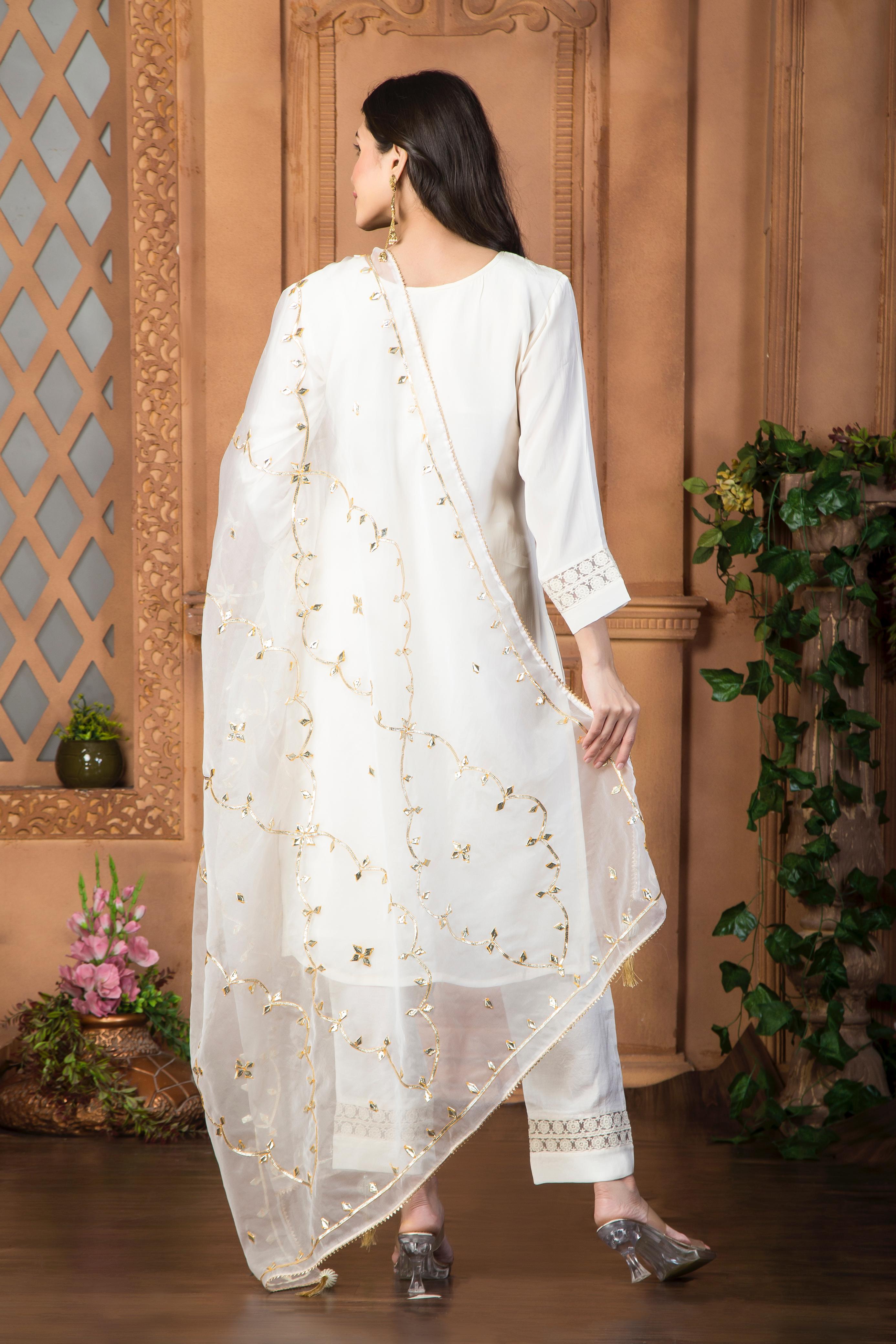 White Crepe silk suit set with digital printed Dupatta