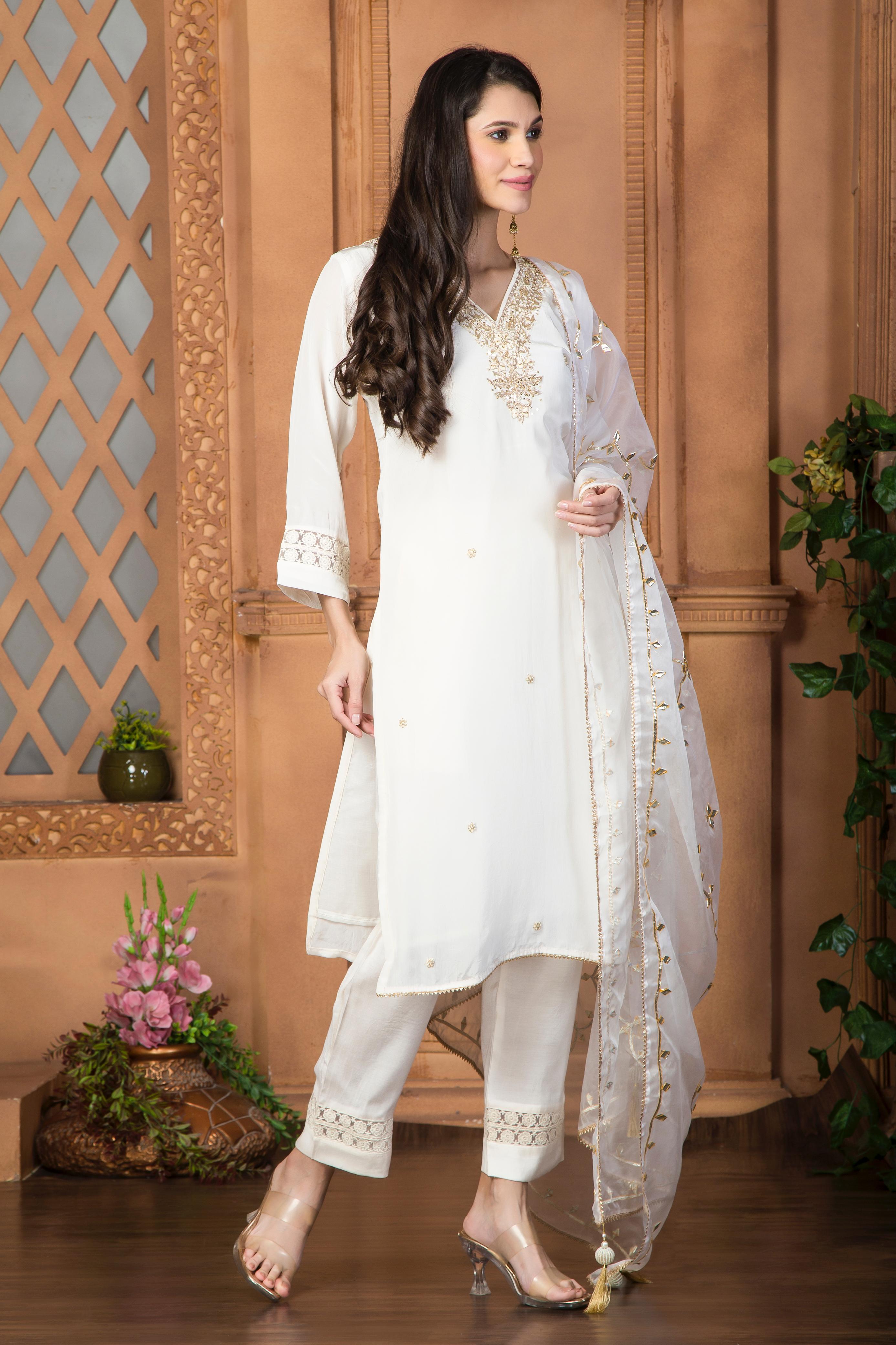 White Crepe silk suit set with digital printed Dupatta