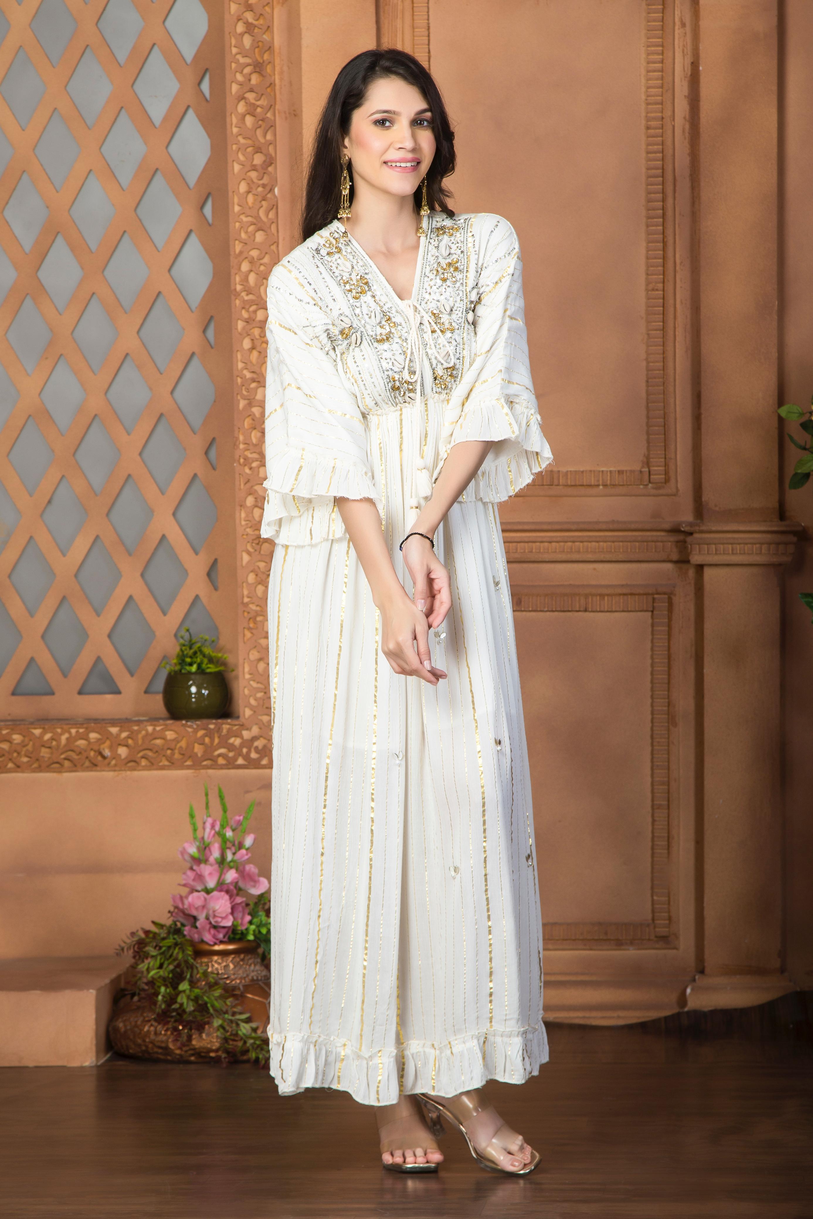 Off White dress with sequin work & Bell Sleeves