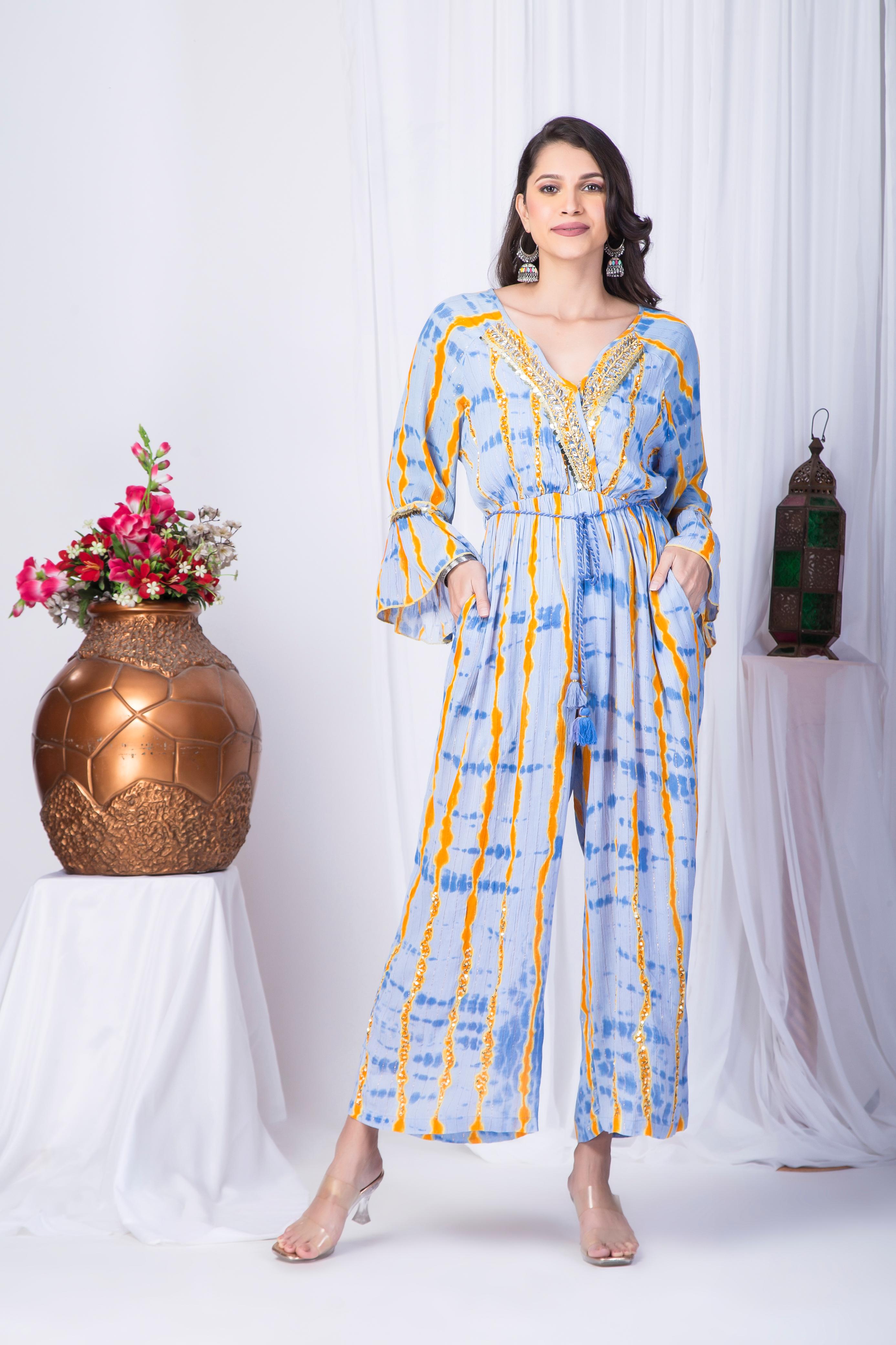 Blue-Yellow Shibori patterned Jumpsuit