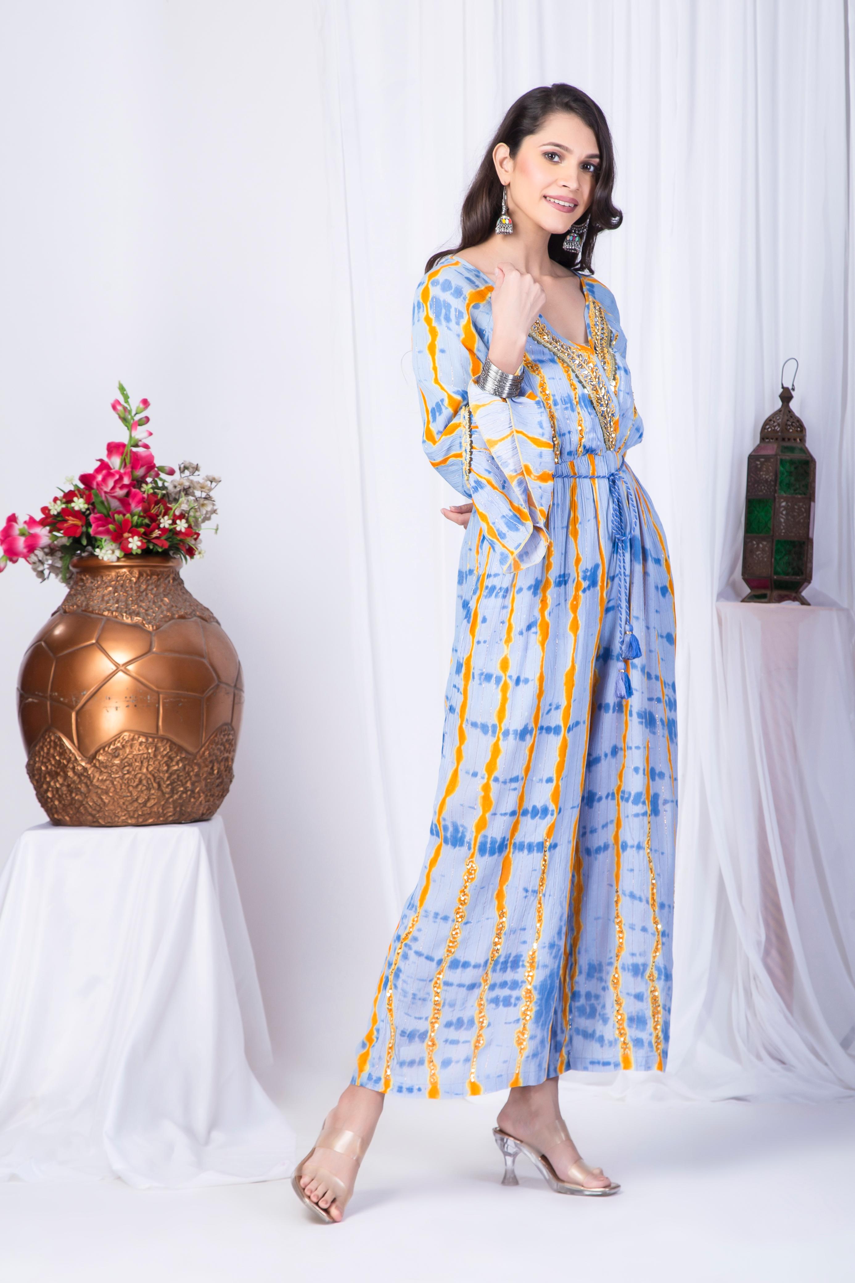Blue-Yellow Shibori patterned Jumpsuit