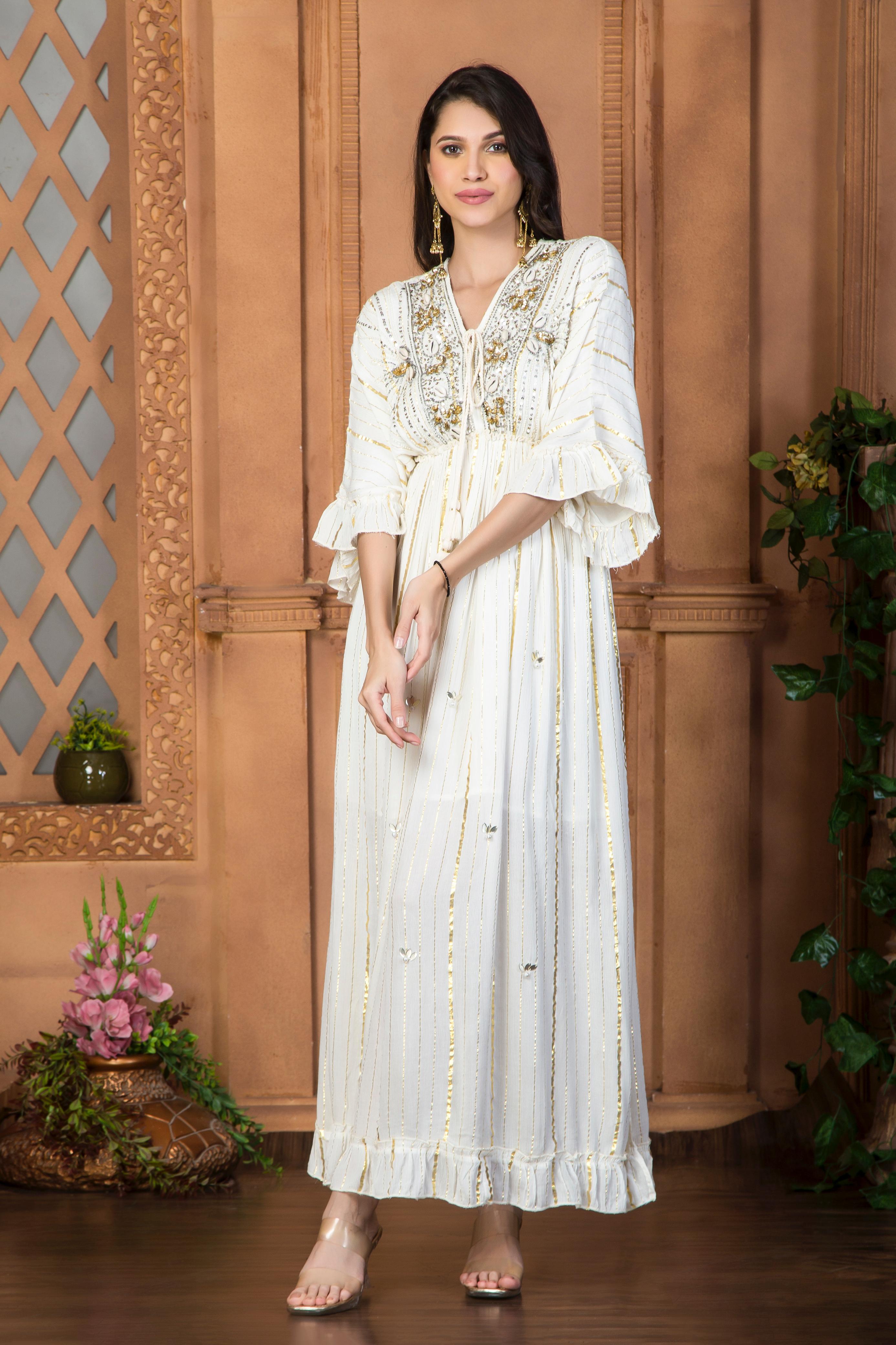 Off White dress with sequin work & Bell Sleeves