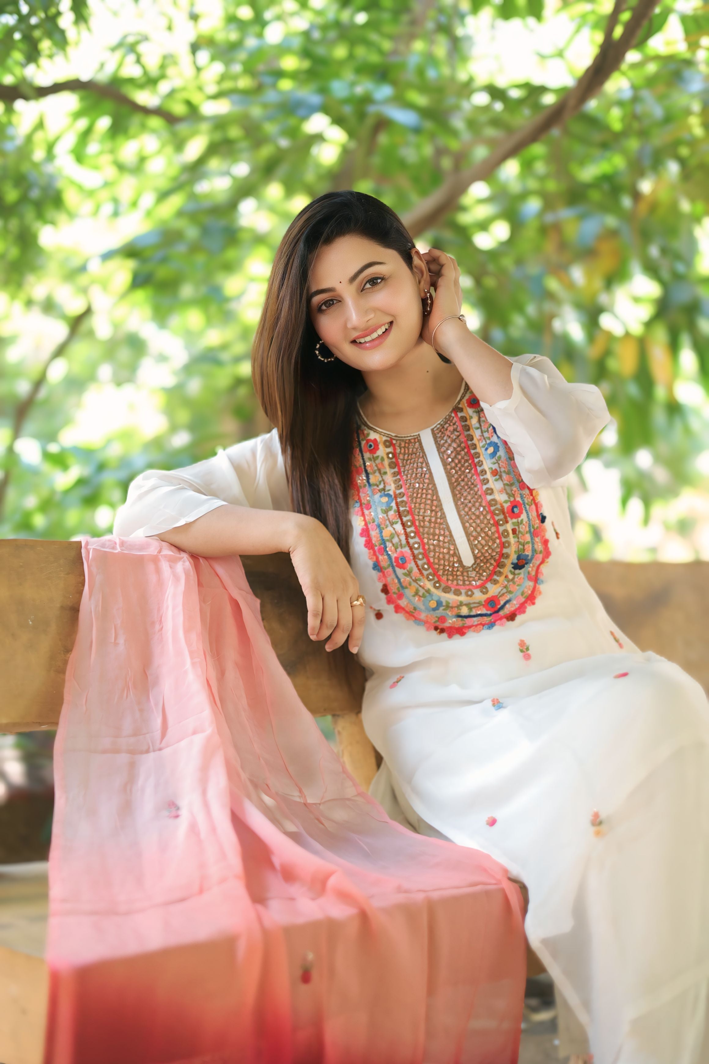 Off-White Suit Set with Multicolor Embroidered Neckline and Pink Ombre Dupatta
