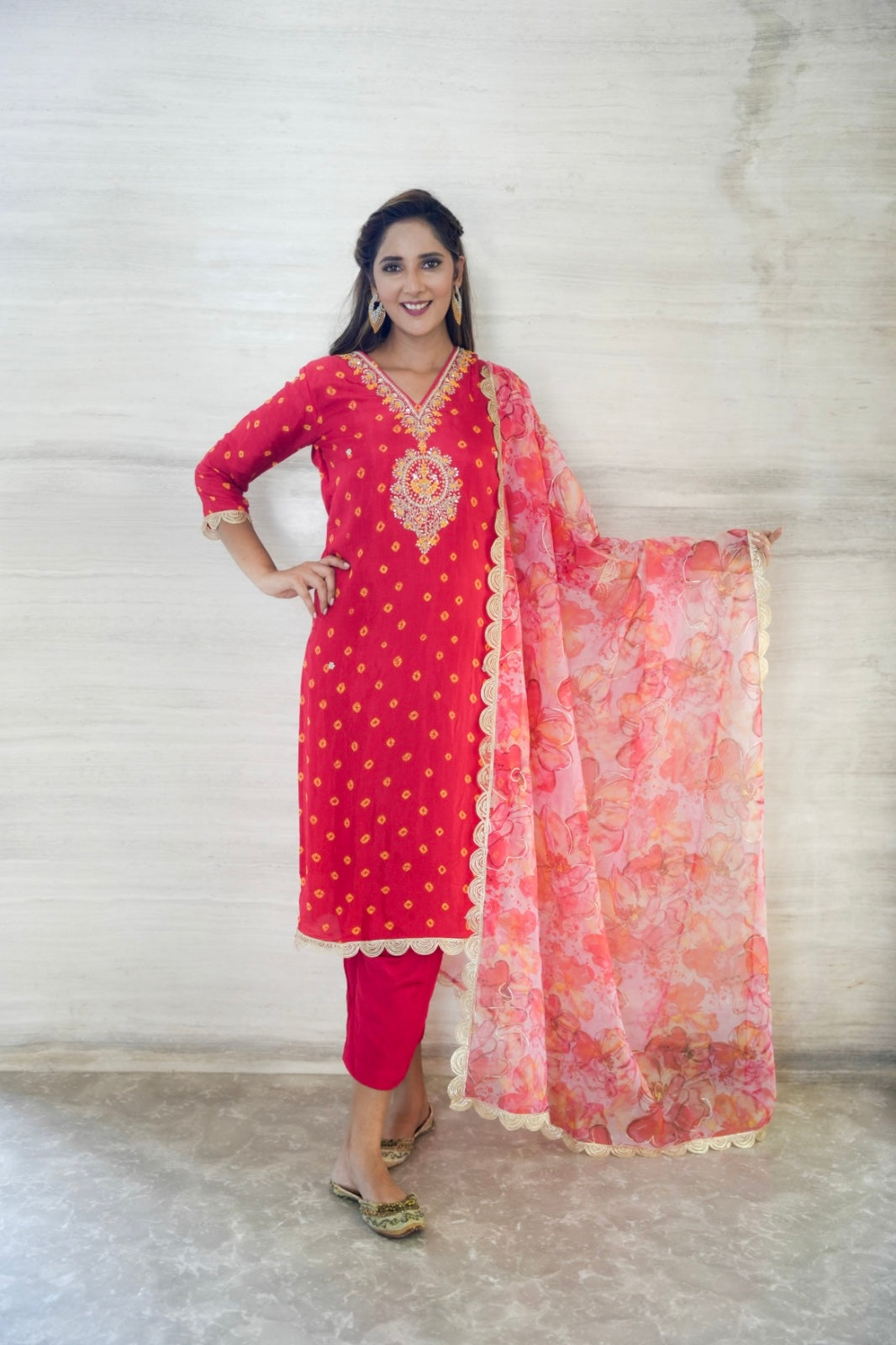 Red Bhandej Upada Silk Suit set with Organza Dupatta