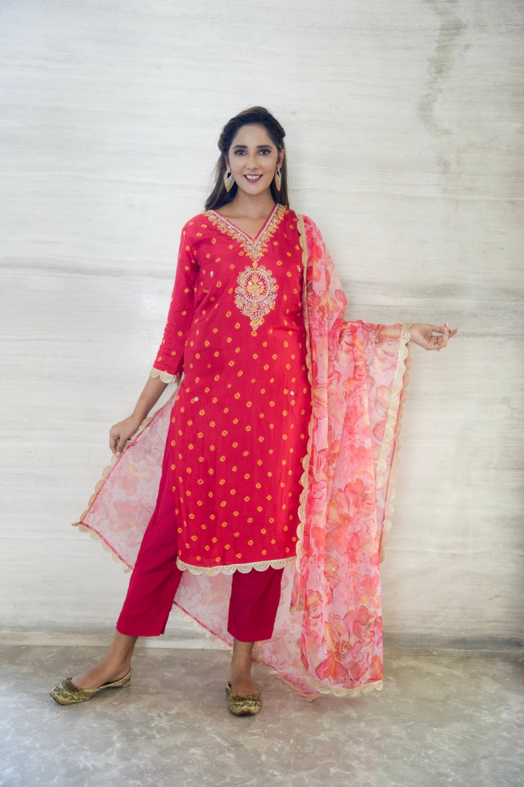 Red Bhandej Upada Silk Suit set with Organza Dupatta