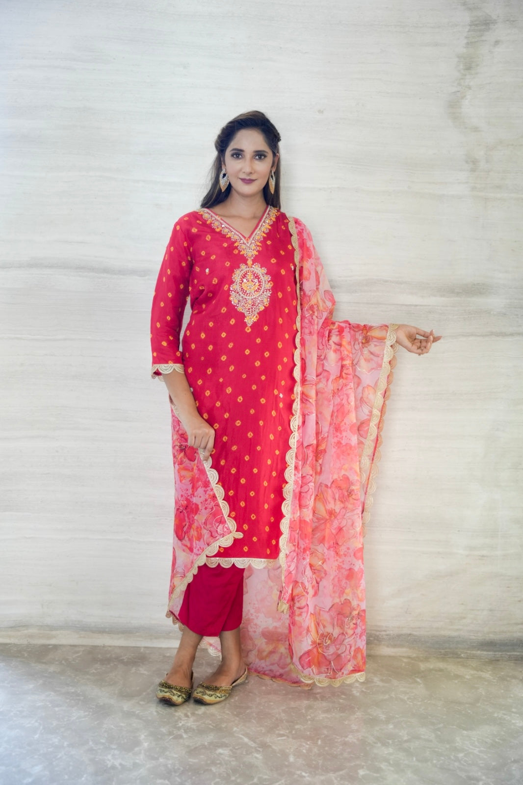 Red Bhandej Upada Silk Suit set with Organza Dupatta