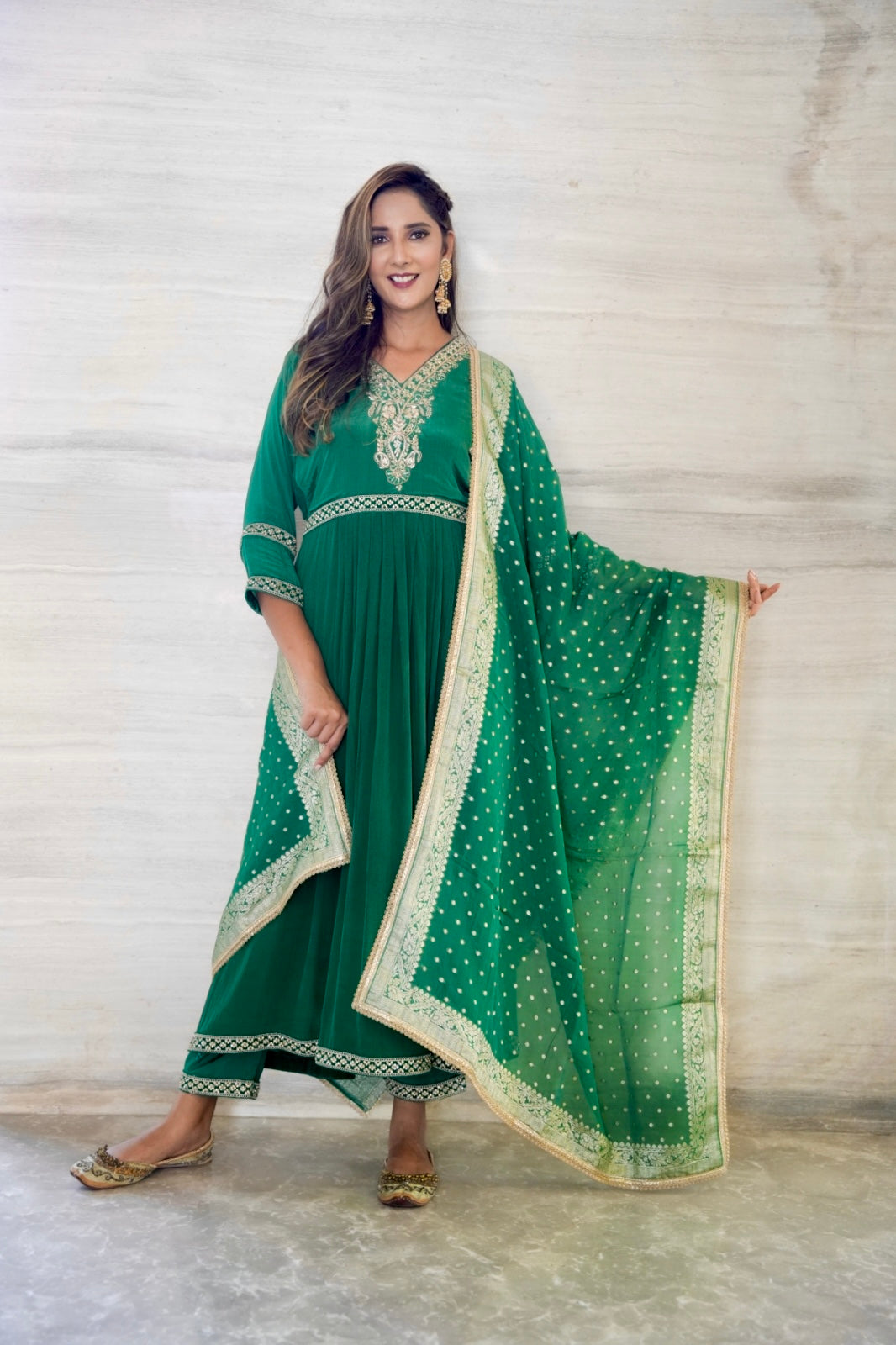 Pure Crep Silk suit set with  Organza Jacquard Dupatta and Kacchi Patti work