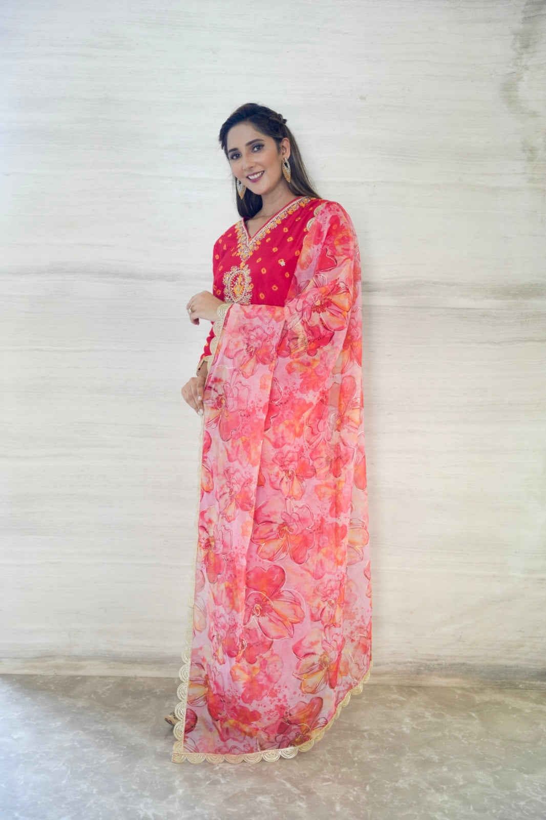 Red Bhandej Upada Silk Suit set with Organza Dupatta
