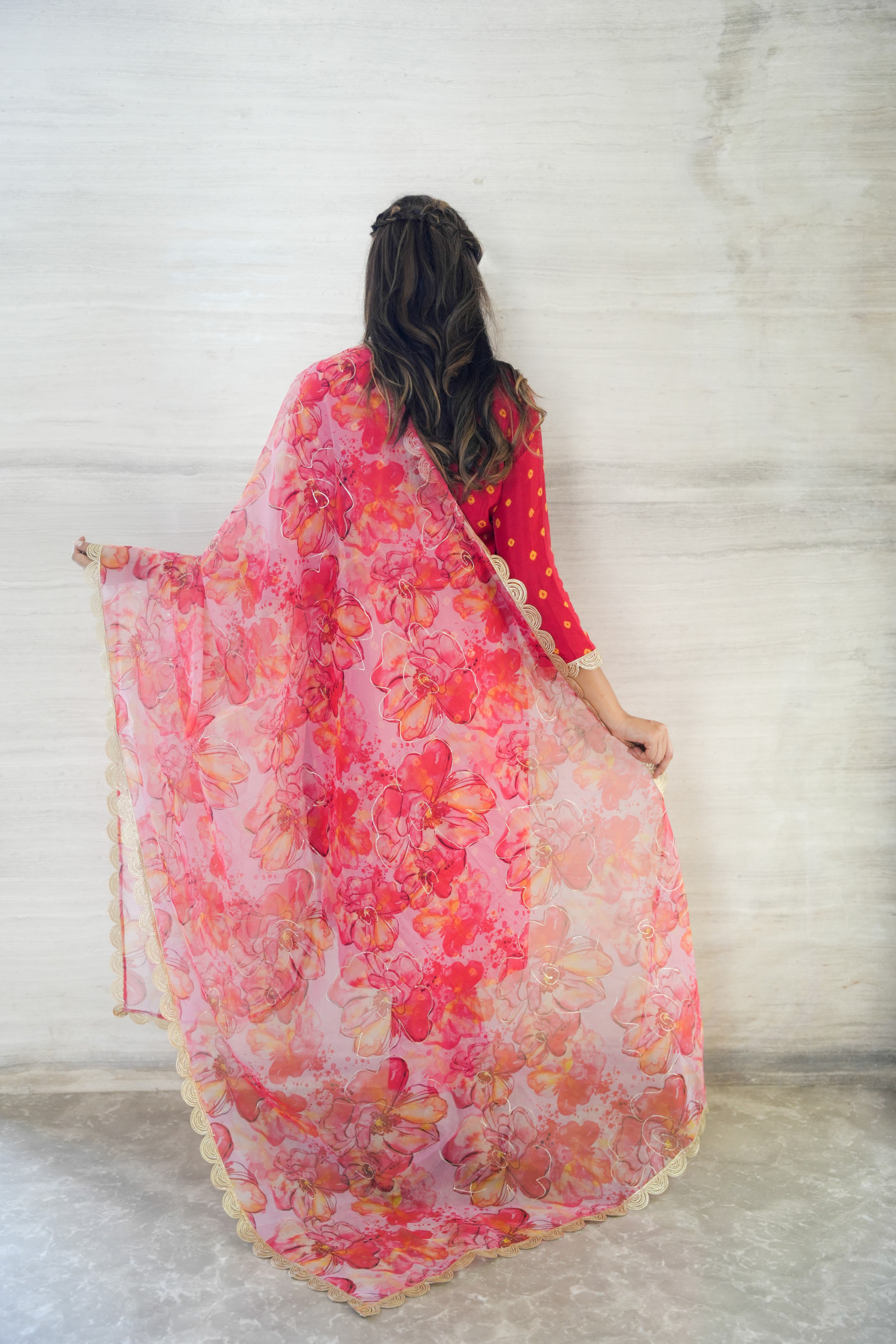 Red Bhandej Upada Silk Suit set with Organza Dupatta