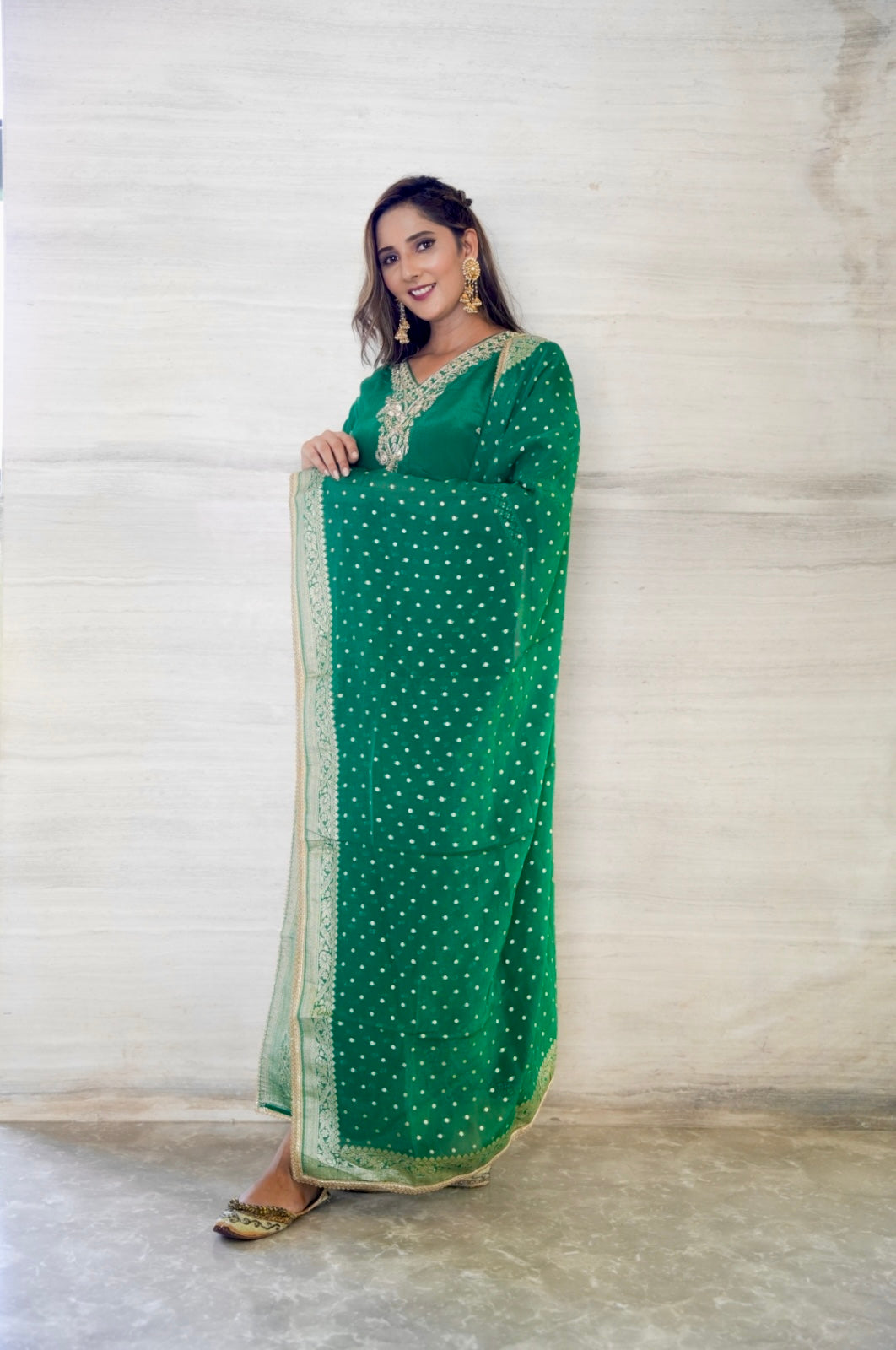 Pure Crep Silk suit set with  Organza Jacquard Dupatta and Kacchi Patti work