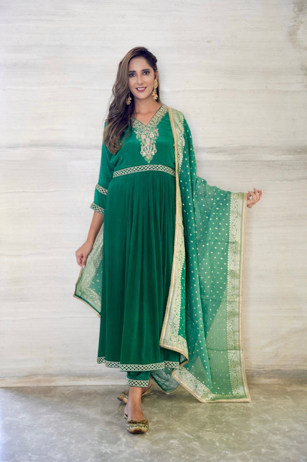 Pure Crep Silk suit set with  Organza Jacquard Dupatta and Kacchi Patti work