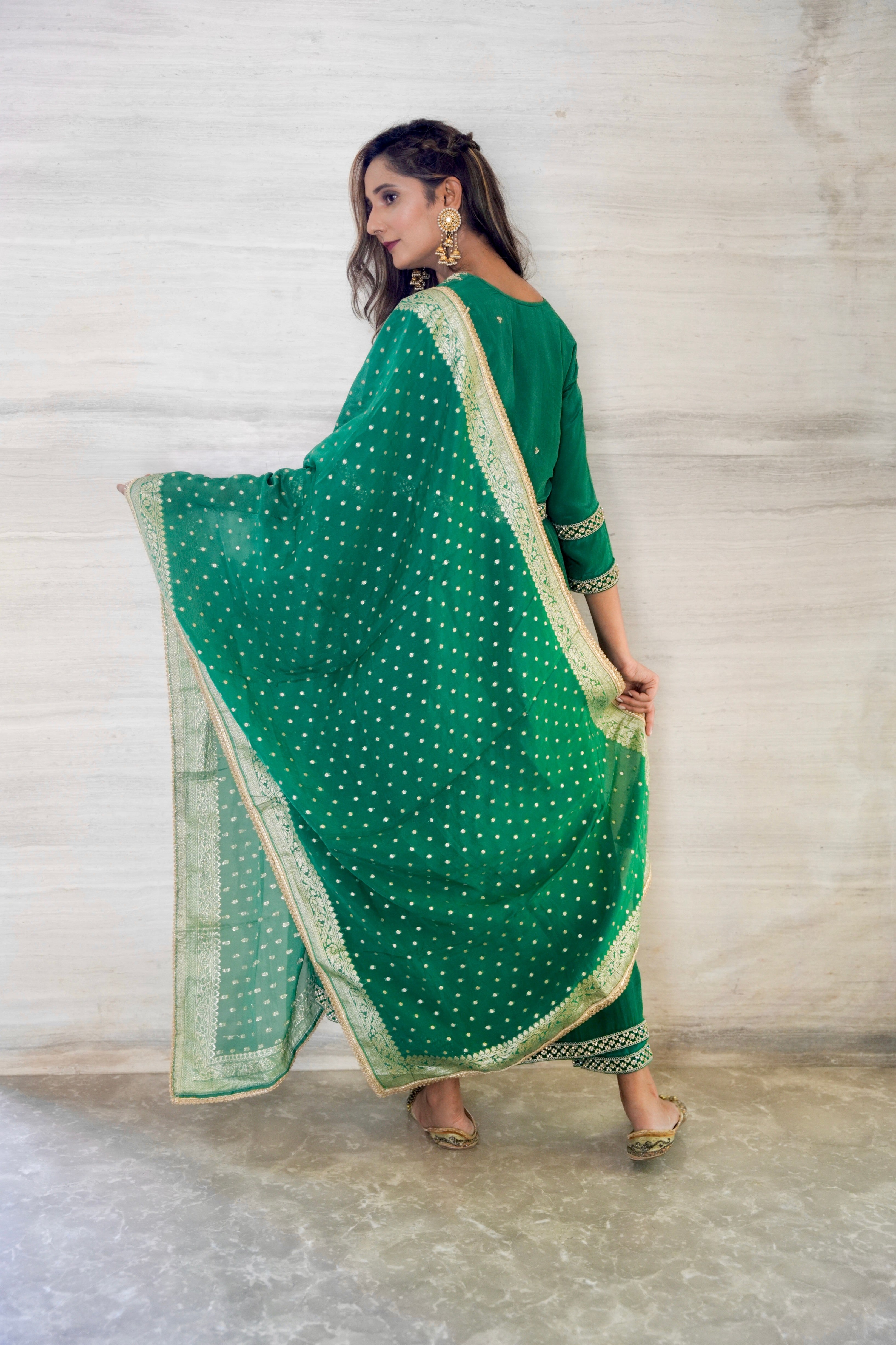 Pure Crep Silk suit set with  Organza Jacquard Dupatta and Kacchi Patti work