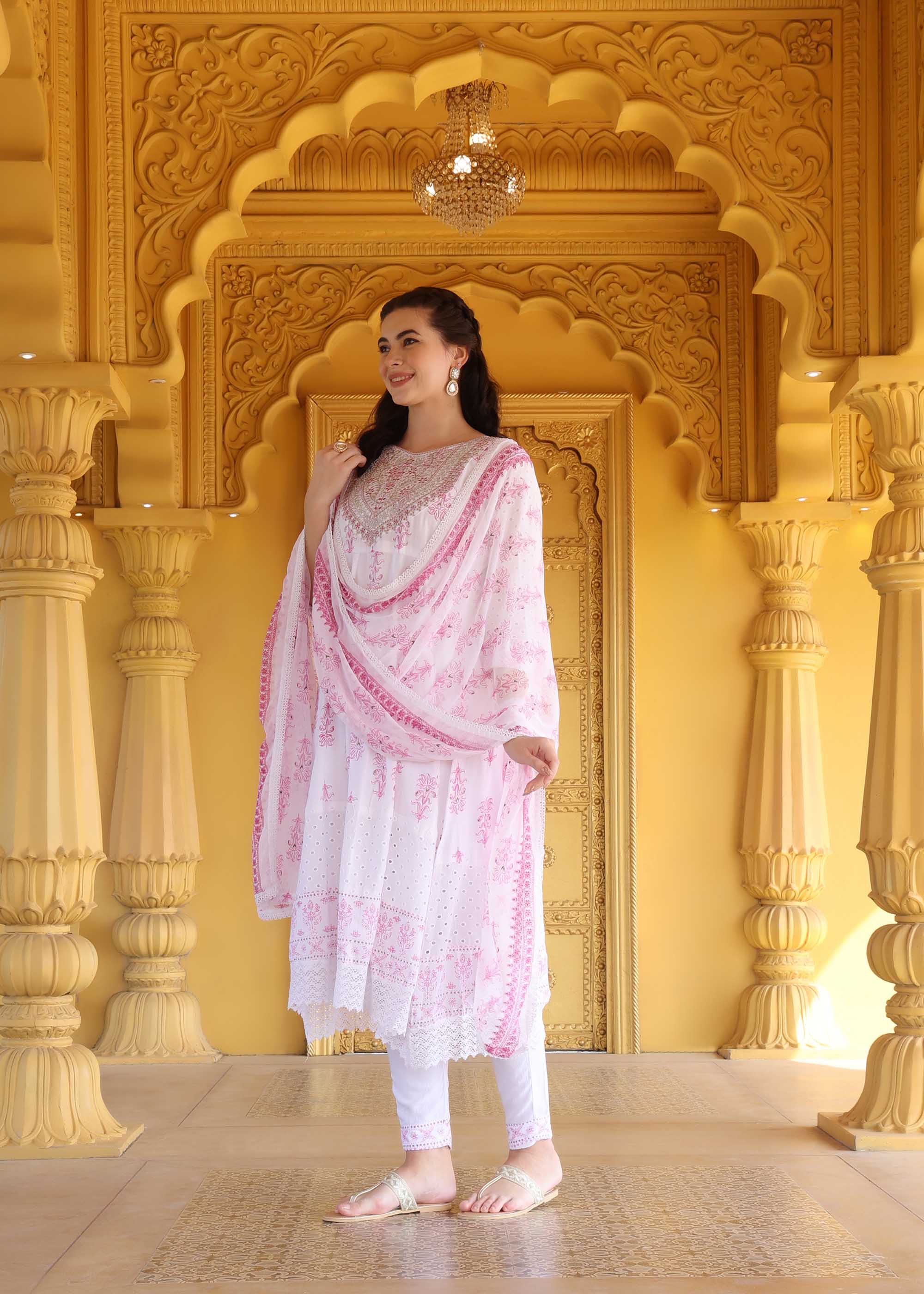 White & Pink 3 Piece Cotton Anarkali suit set