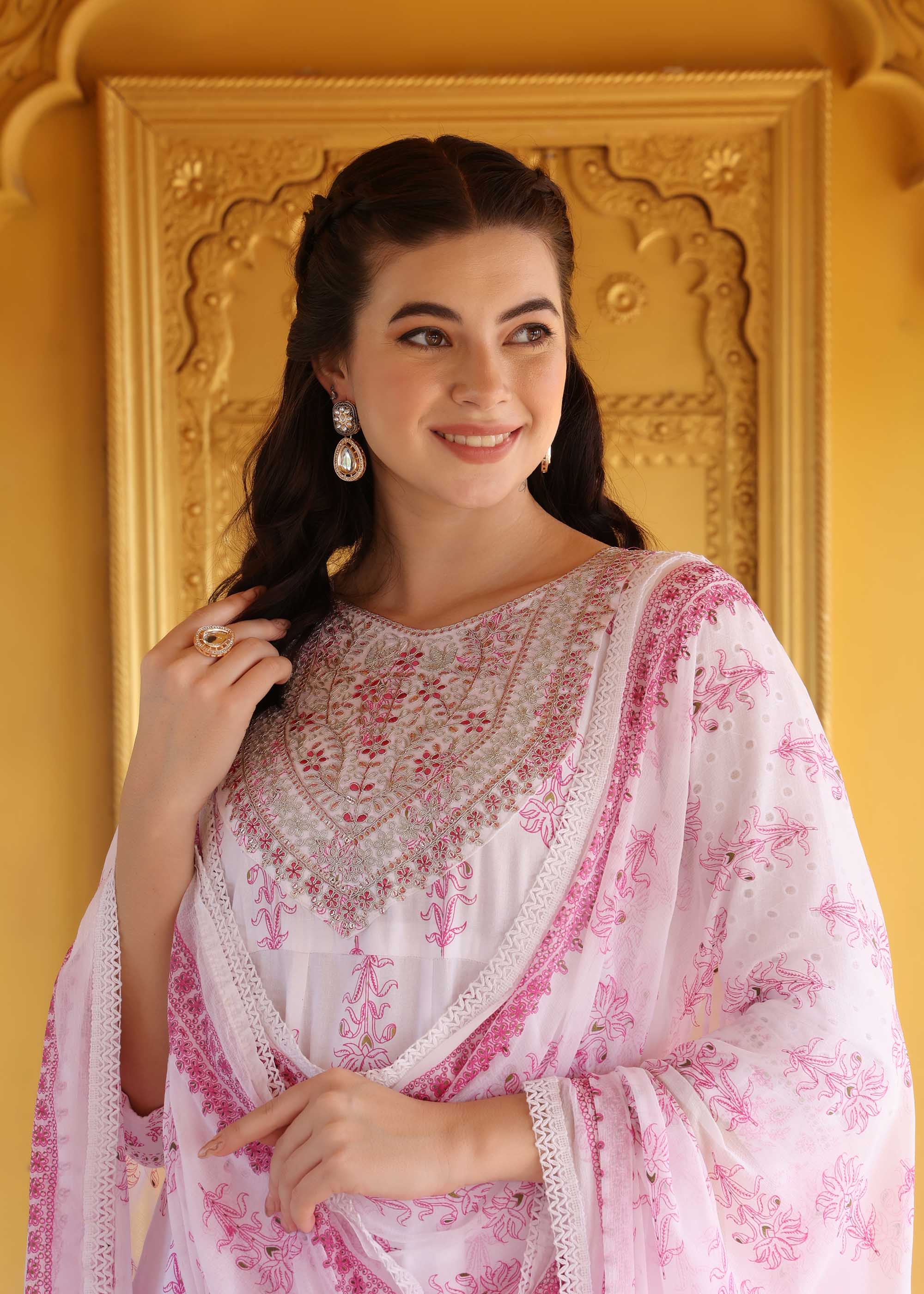 White & Pink 3 Piece Cotton Anarkali suit set