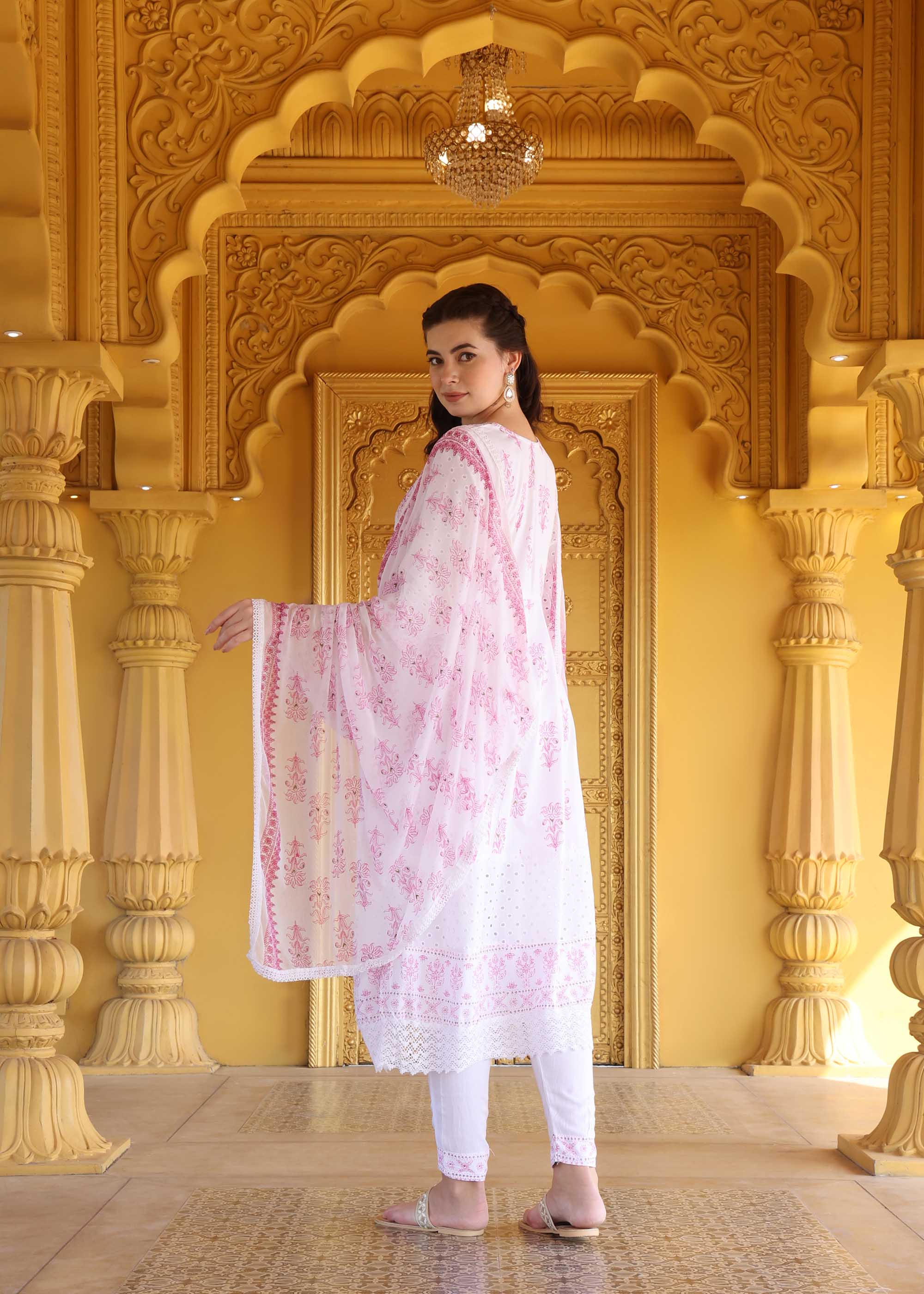 White & Pink 3 Piece Cotton Anarkali suit set