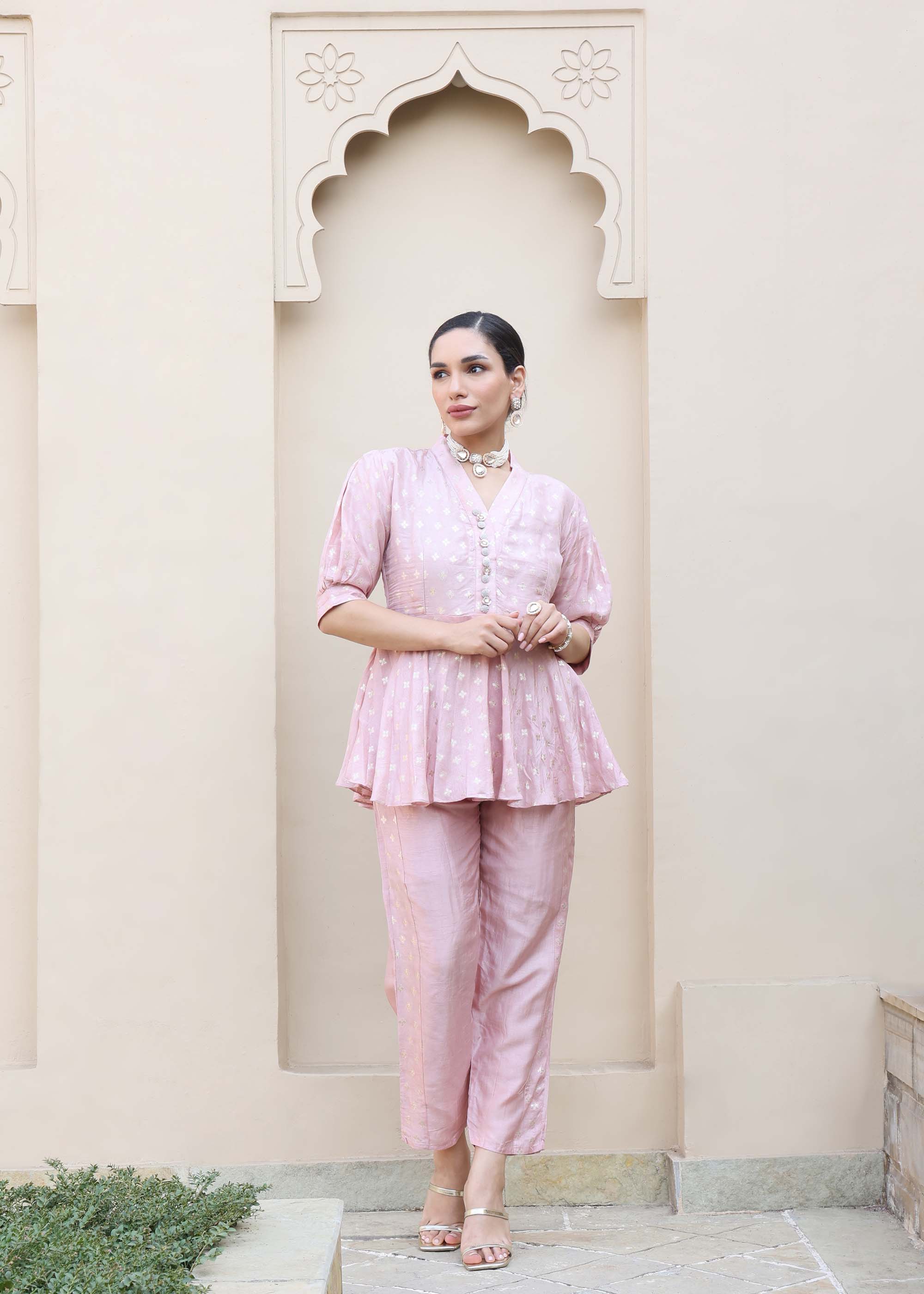 Pink Peplum style Banarsi silk Co-ord Set