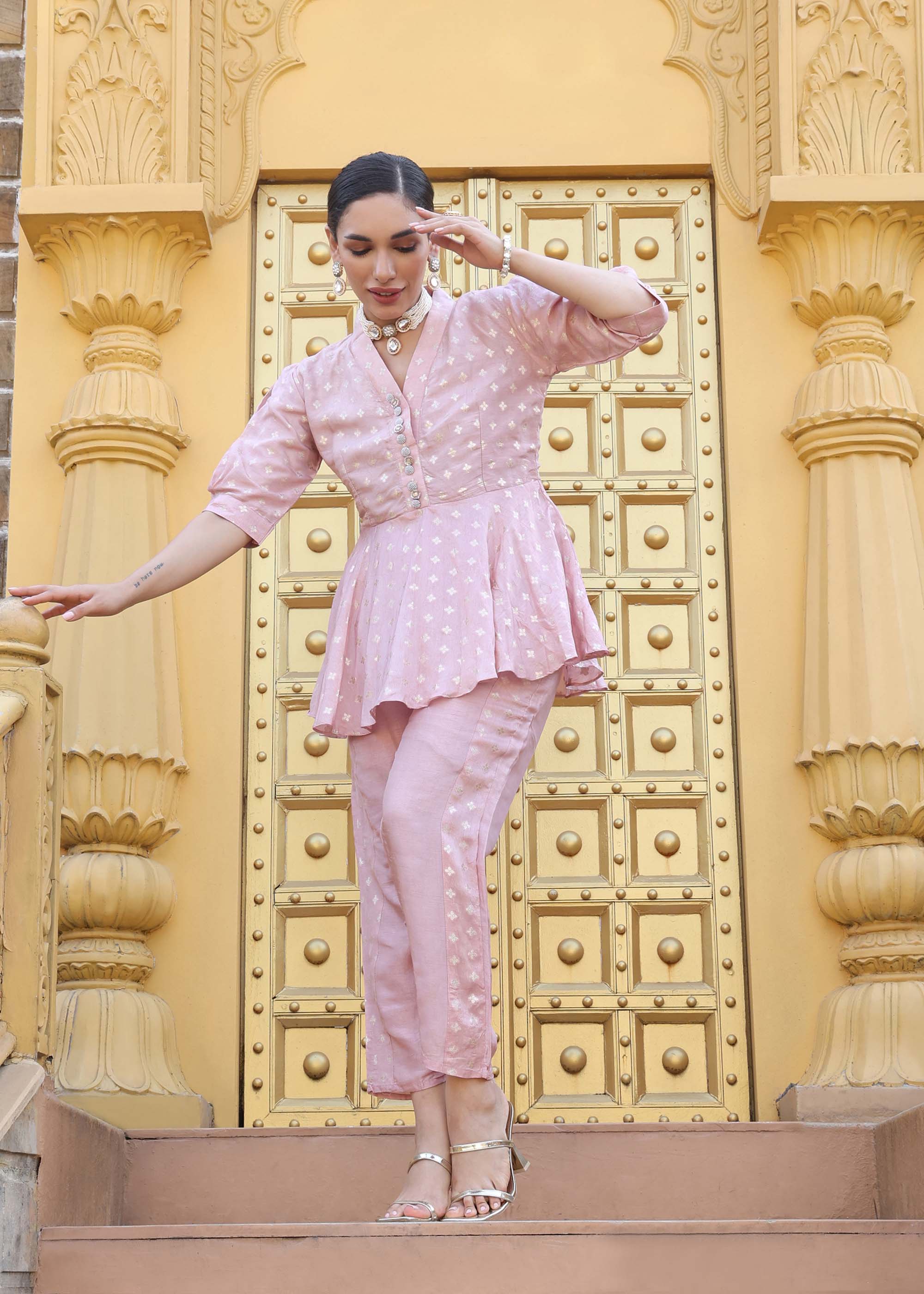 Pink Peplum style Banarsi silk Co-ord Set