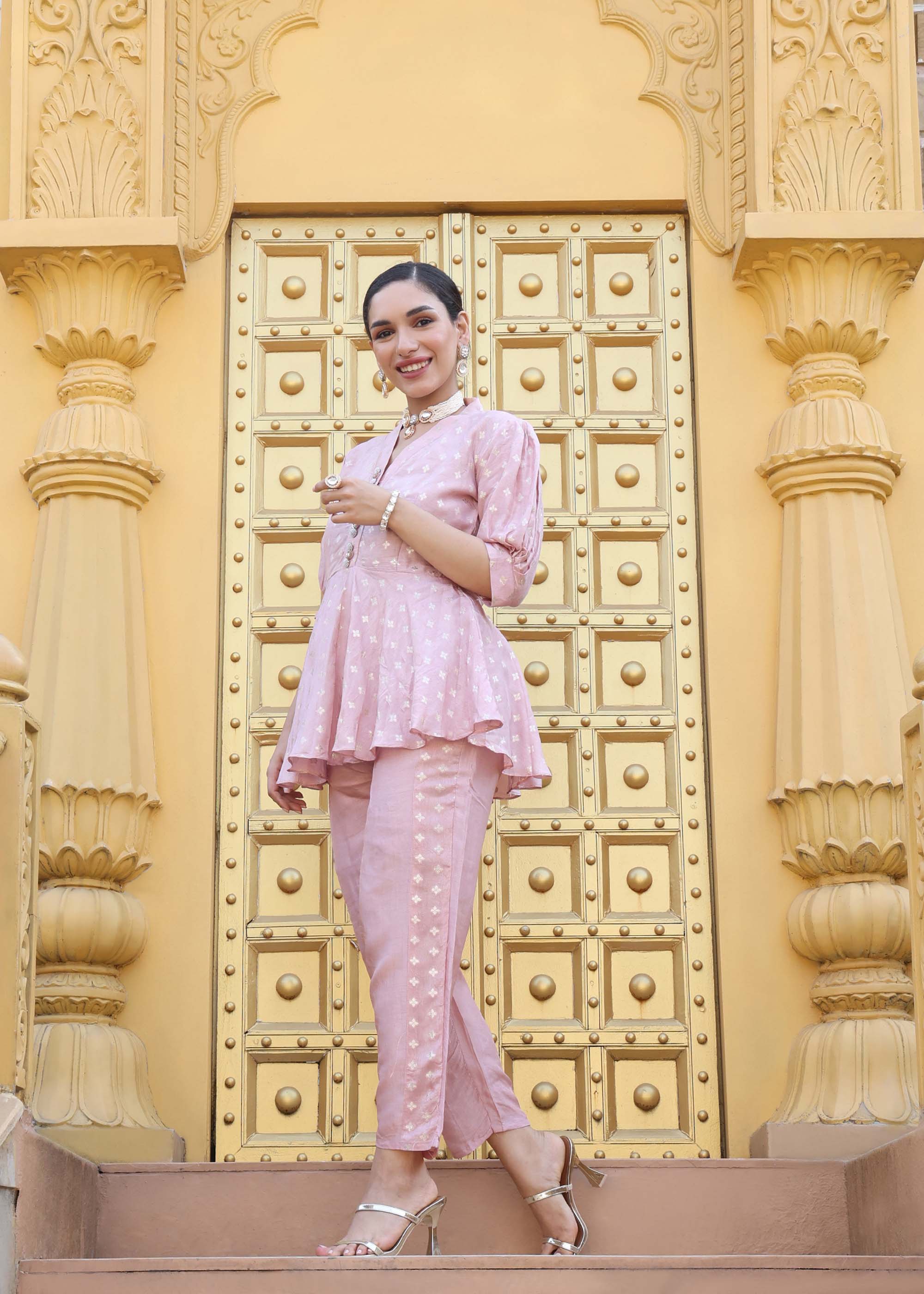 Pink Peplum style Banarsi silk Co-ord Set