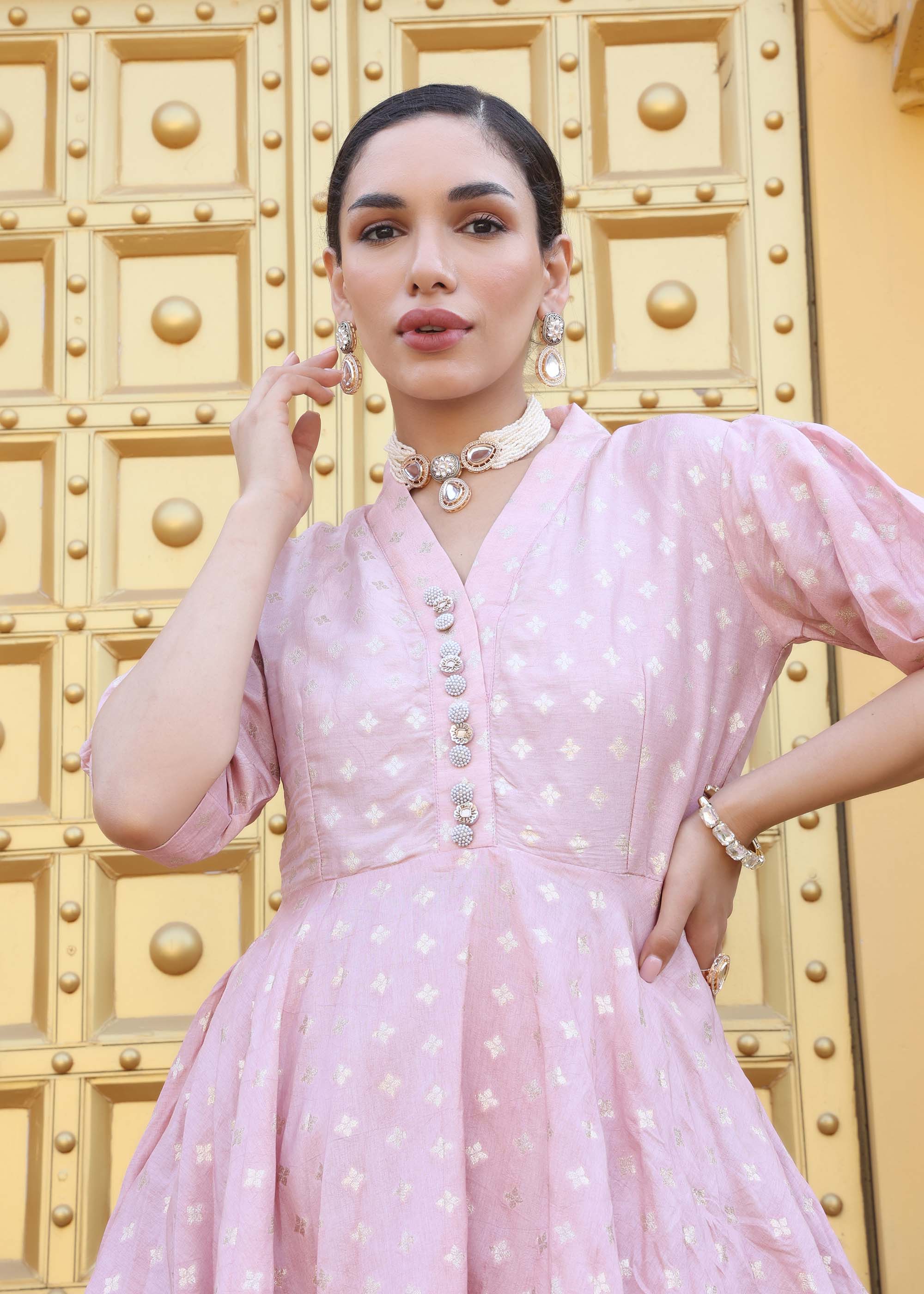 Pink Peplum style Banarsi silk Co-ord Set