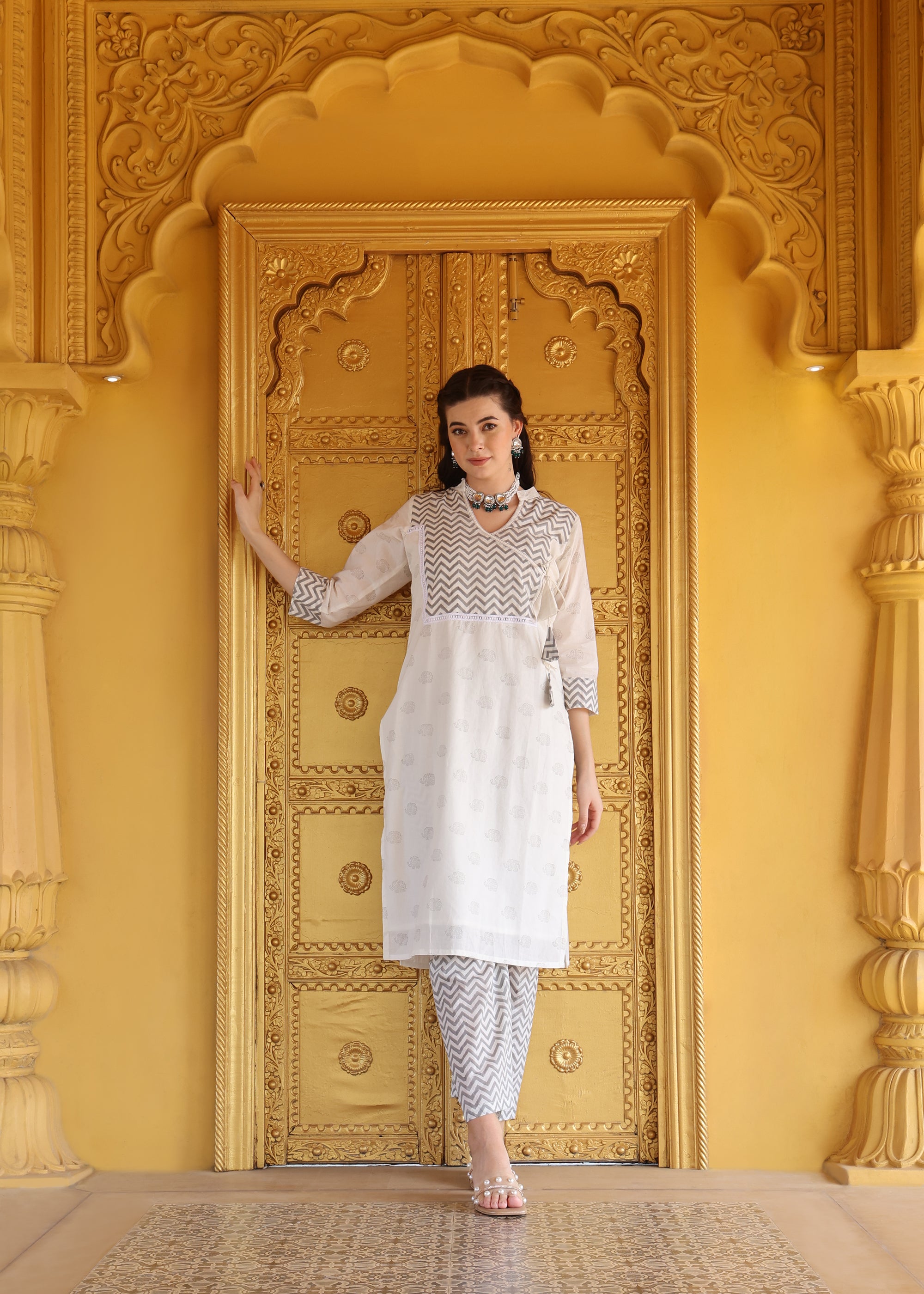 White Mul Cotton Block print Kurta set