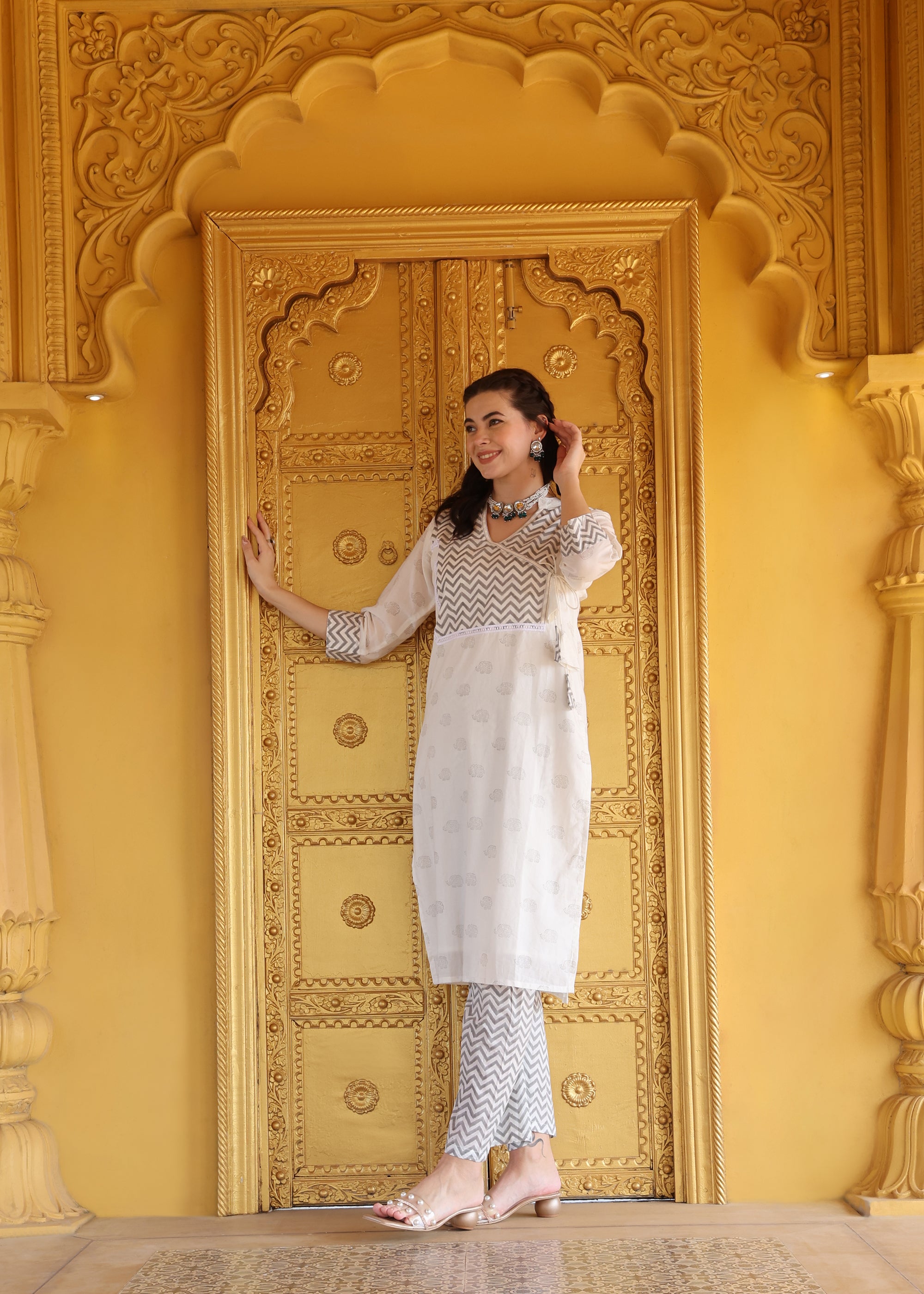 White Mul Cotton Block print Kurta set