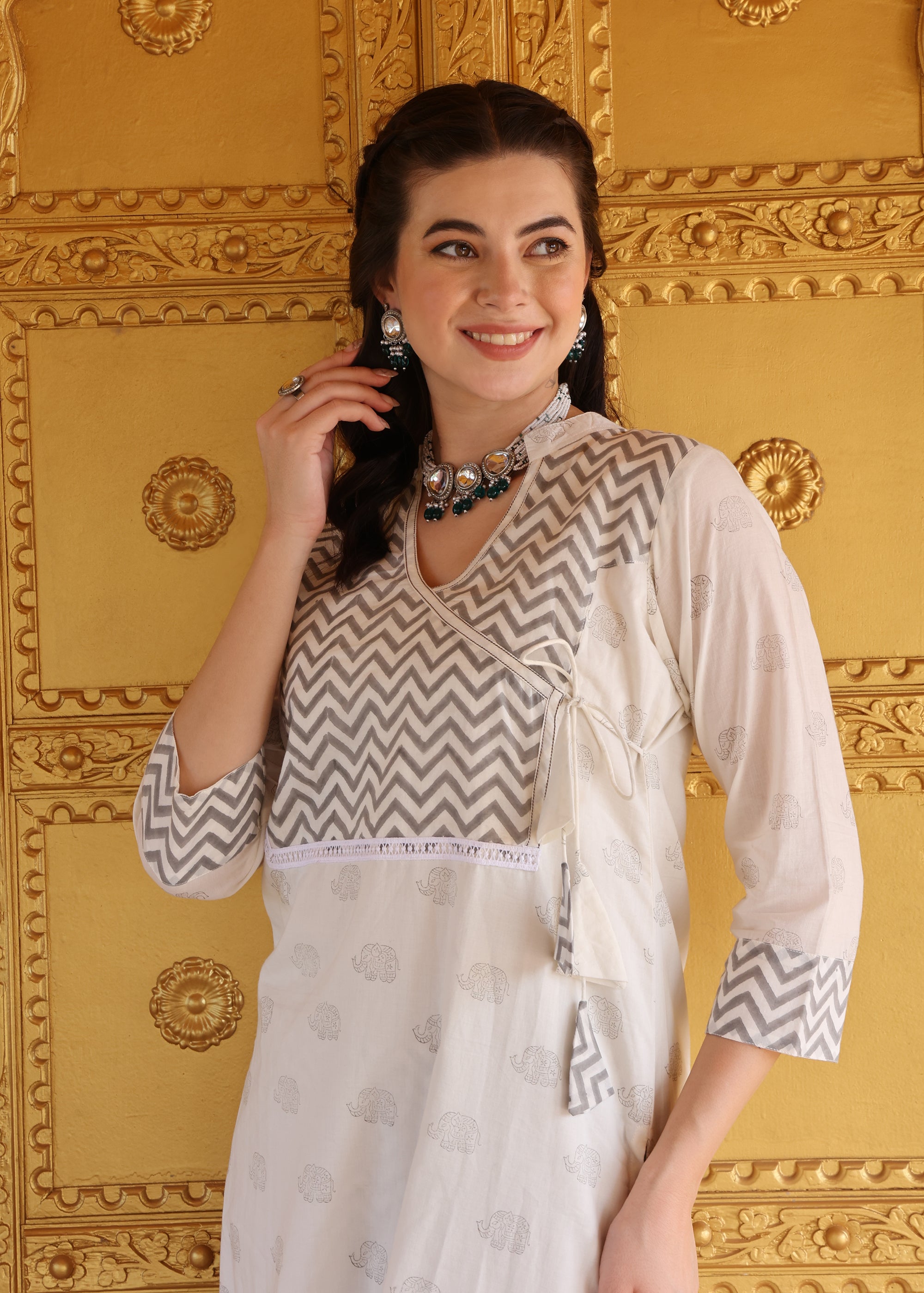 White Mul Cotton Block print Kurta set