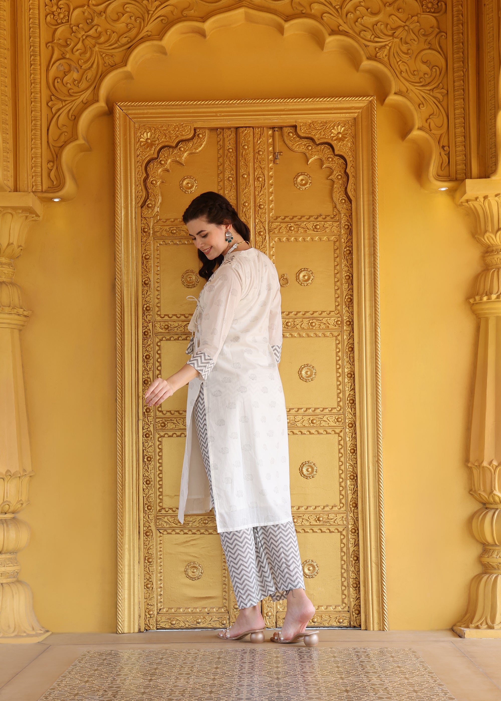 White Mul Cotton Block print Kurta set