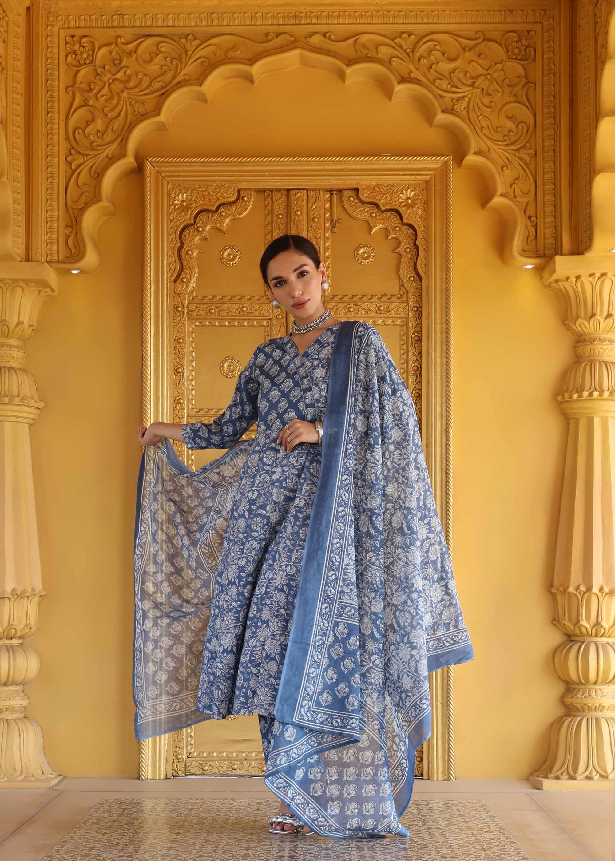 Indigo Blue printed 3 piece Anarkali suit set