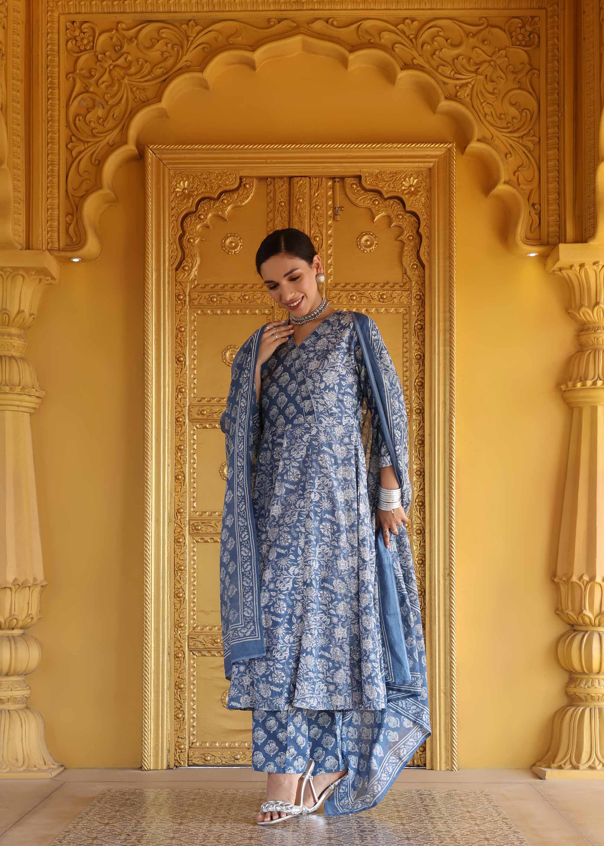 Indigo Blue printed 3 piece Anarkali suit set