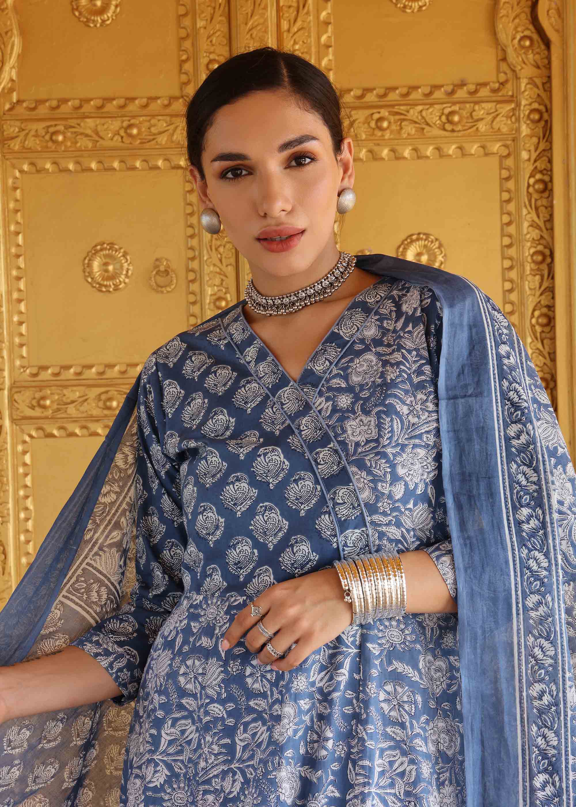 Indigo Blue printed 3 piece Anarkali suit set