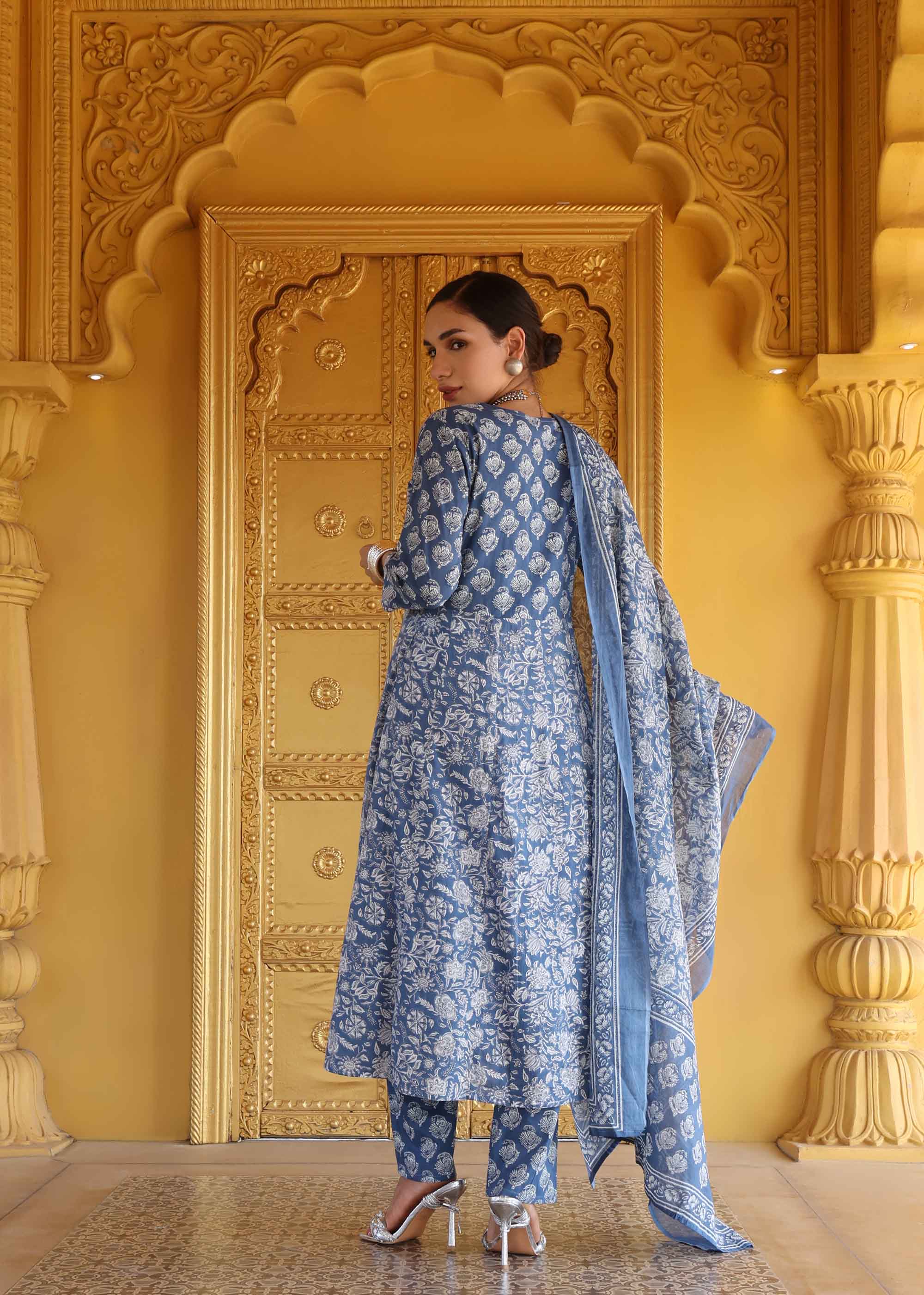 Indigo Blue printed 3 piece Anarkali suit set