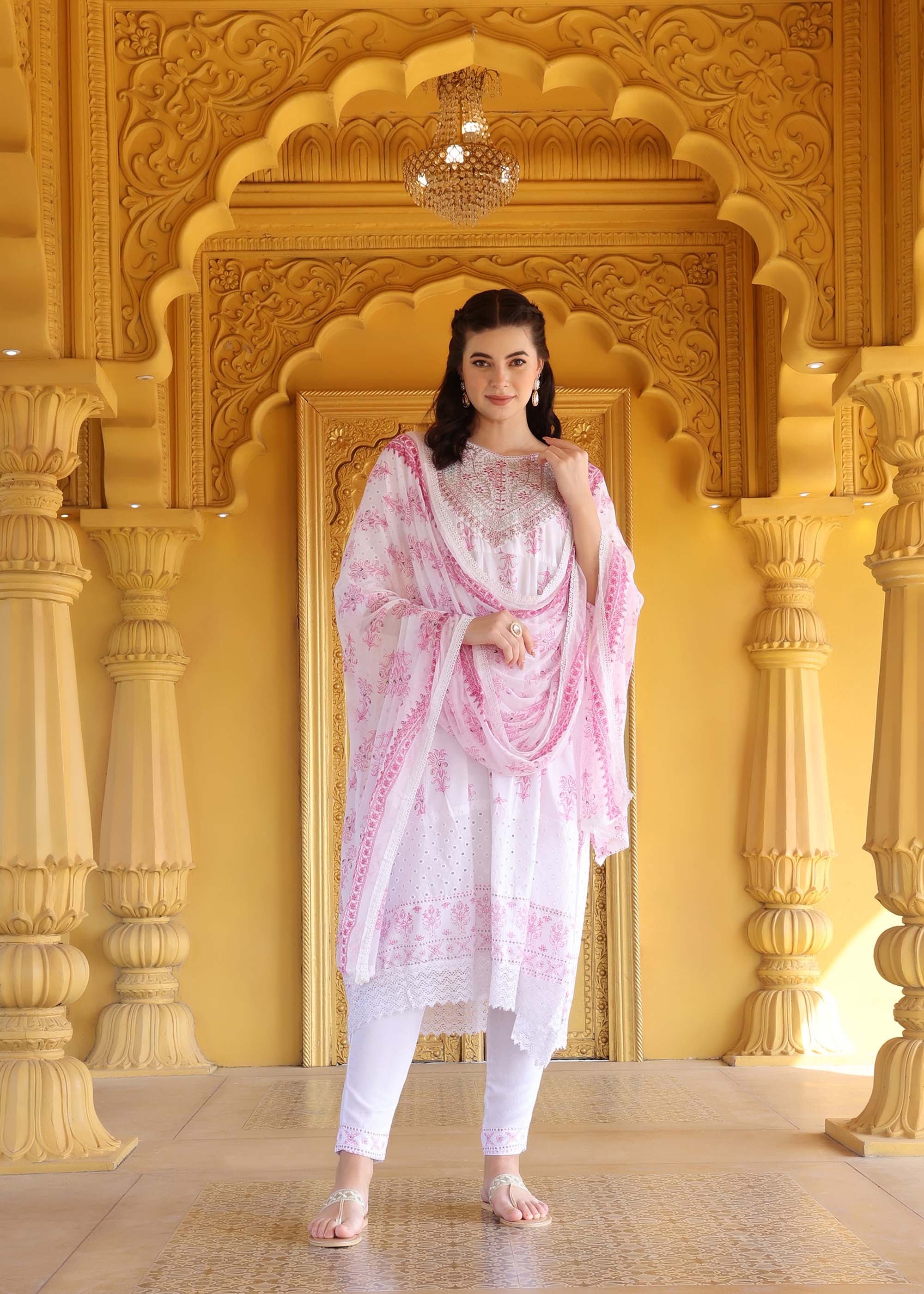 White & Pink 3 Piece Cotton Anarkali suit set