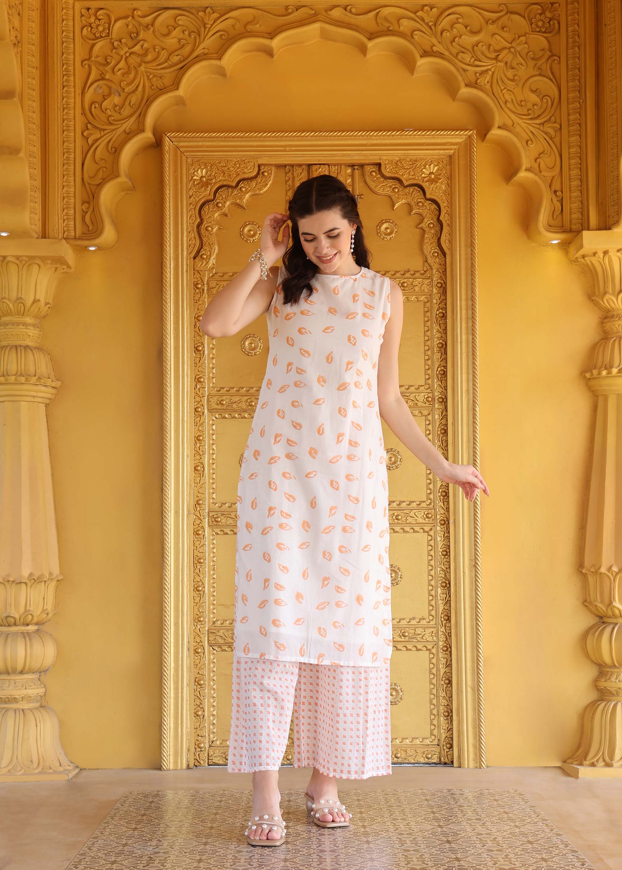 White & Orange Block Print Mul Cotton Kurta set