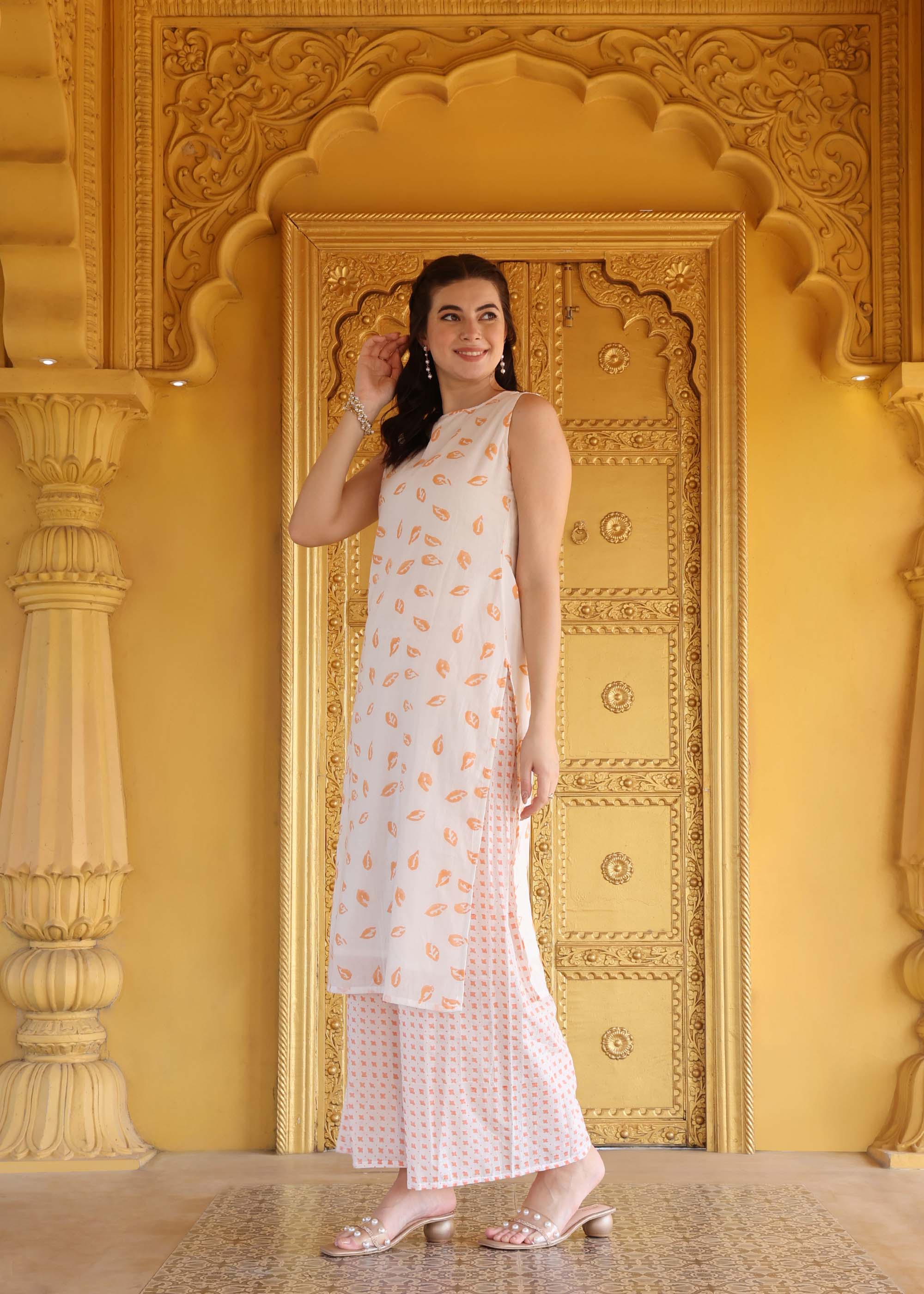 White & Orange Block Print Mul Cotton Kurta set