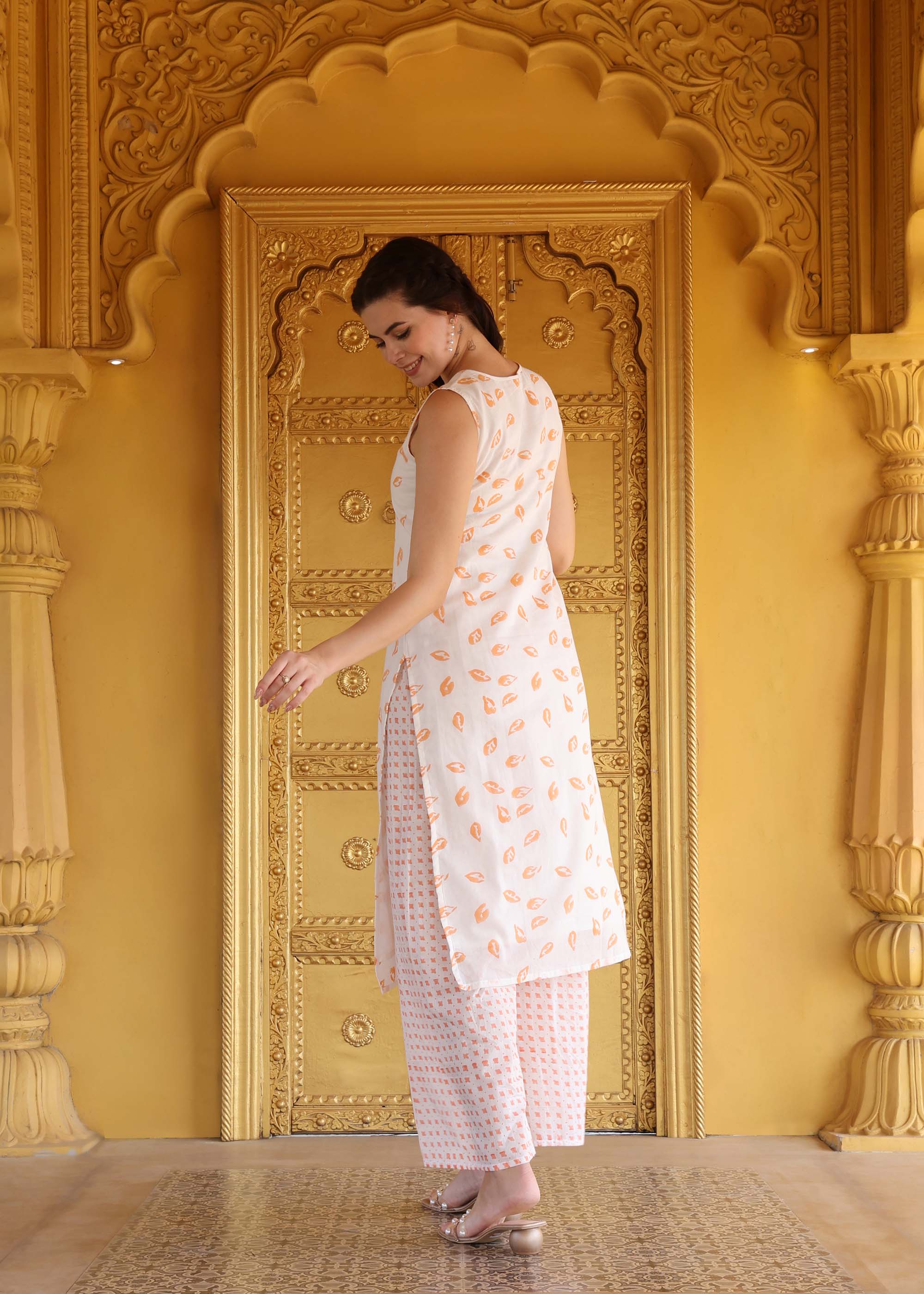 White & Orange Block Print Mul Cotton Kurta set