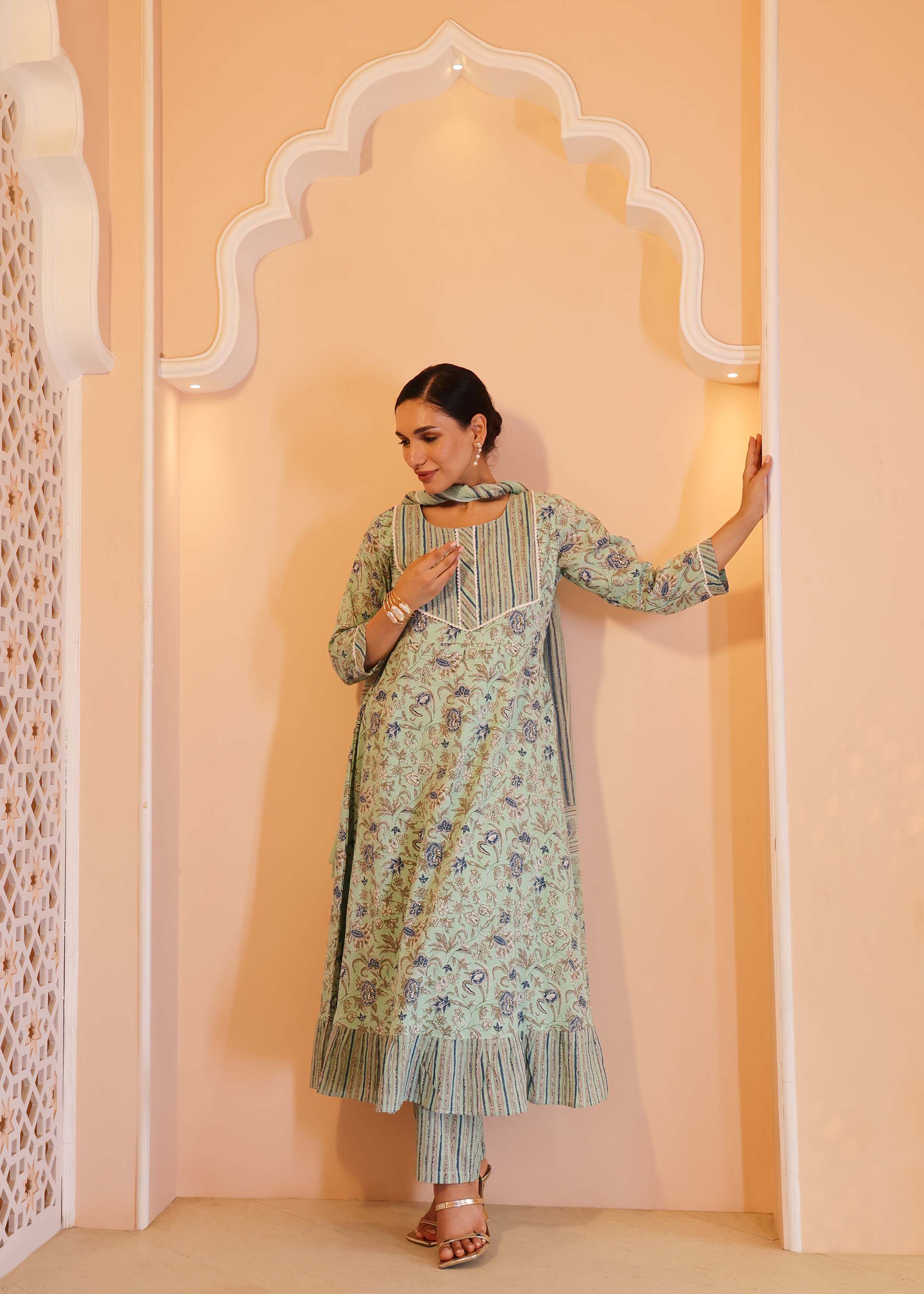 Light Green Cotton printed 3 piece Suit set