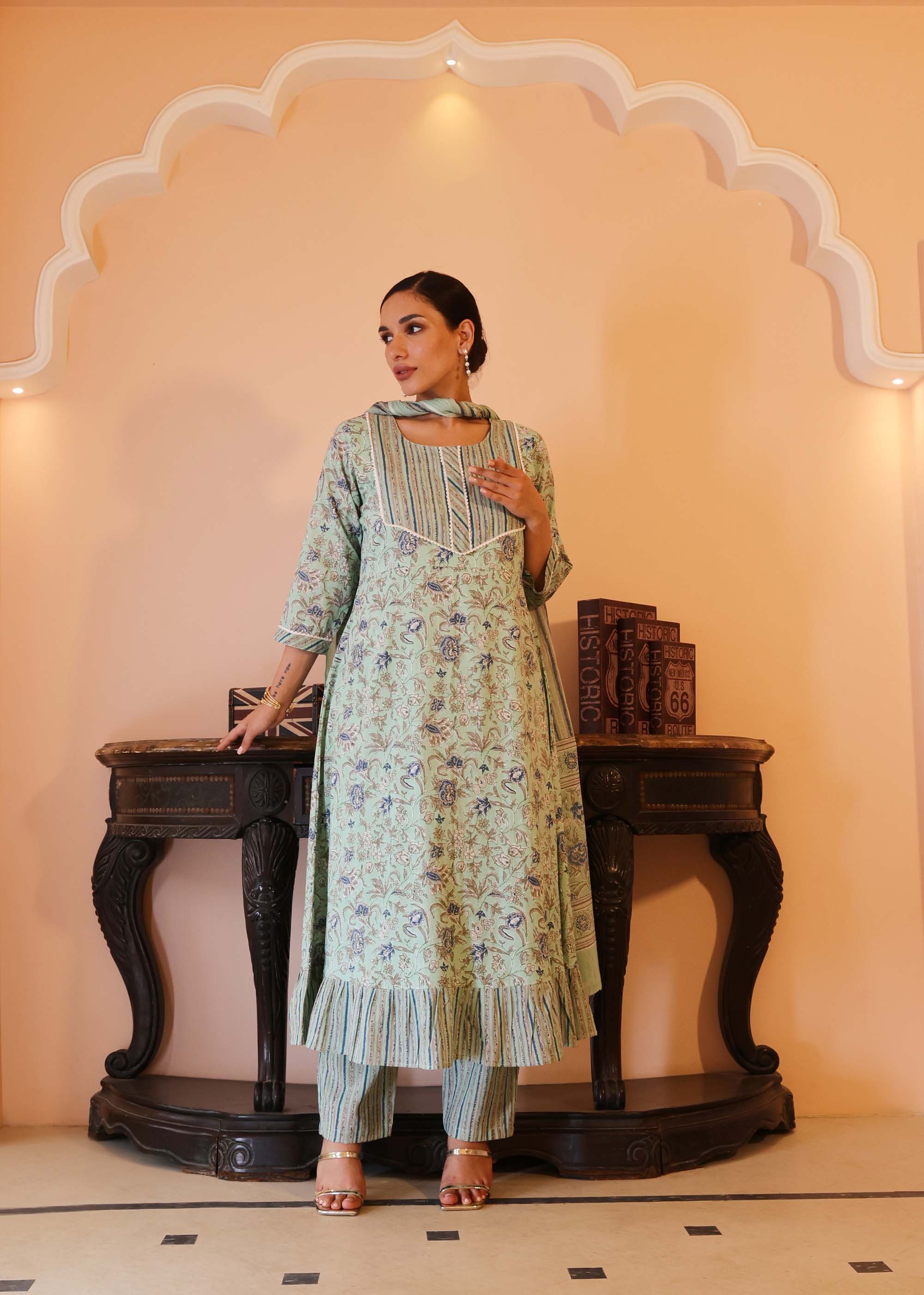 Light Green Cotton printed 3 piece Suit set